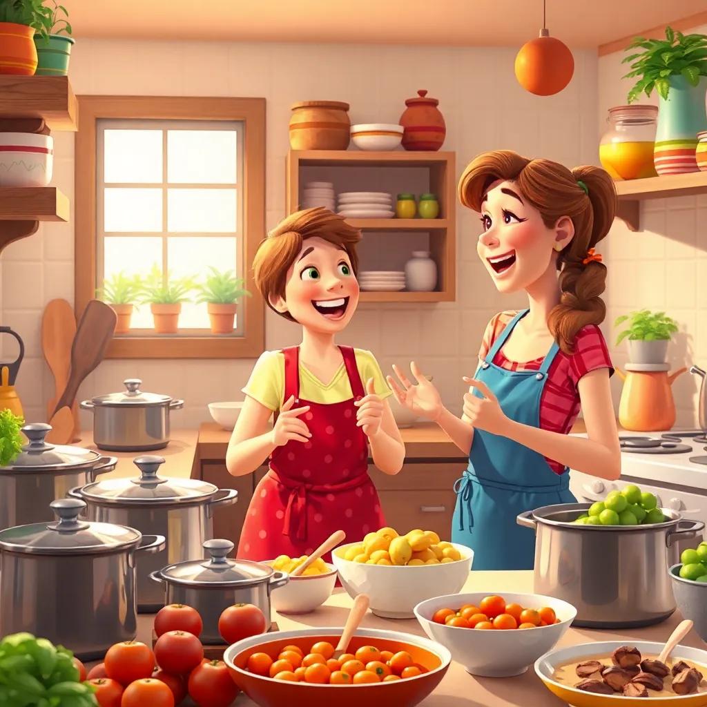 Juha laughing, playfully explaining to the neighbor, surrounded by pots and food, bright and colorful kitchen, heartwarming atmosphere