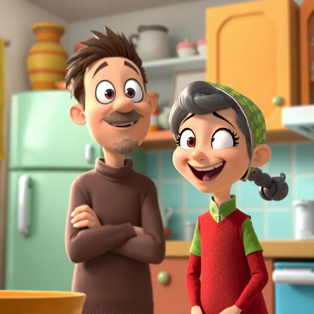 Neighbor looking astonished while Juha smiles mischievously, colorful kitchen background, humorous tone, lighthearted scene