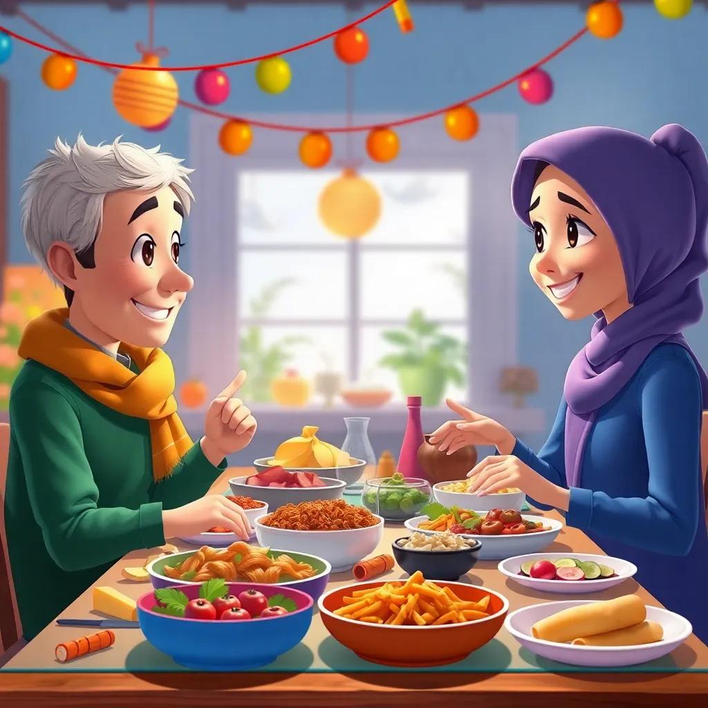 Juha and the neighbor, sitting together at a table filled with food, bright and inviting decorations, enjoying a meal, cheerful gathering atmosphere