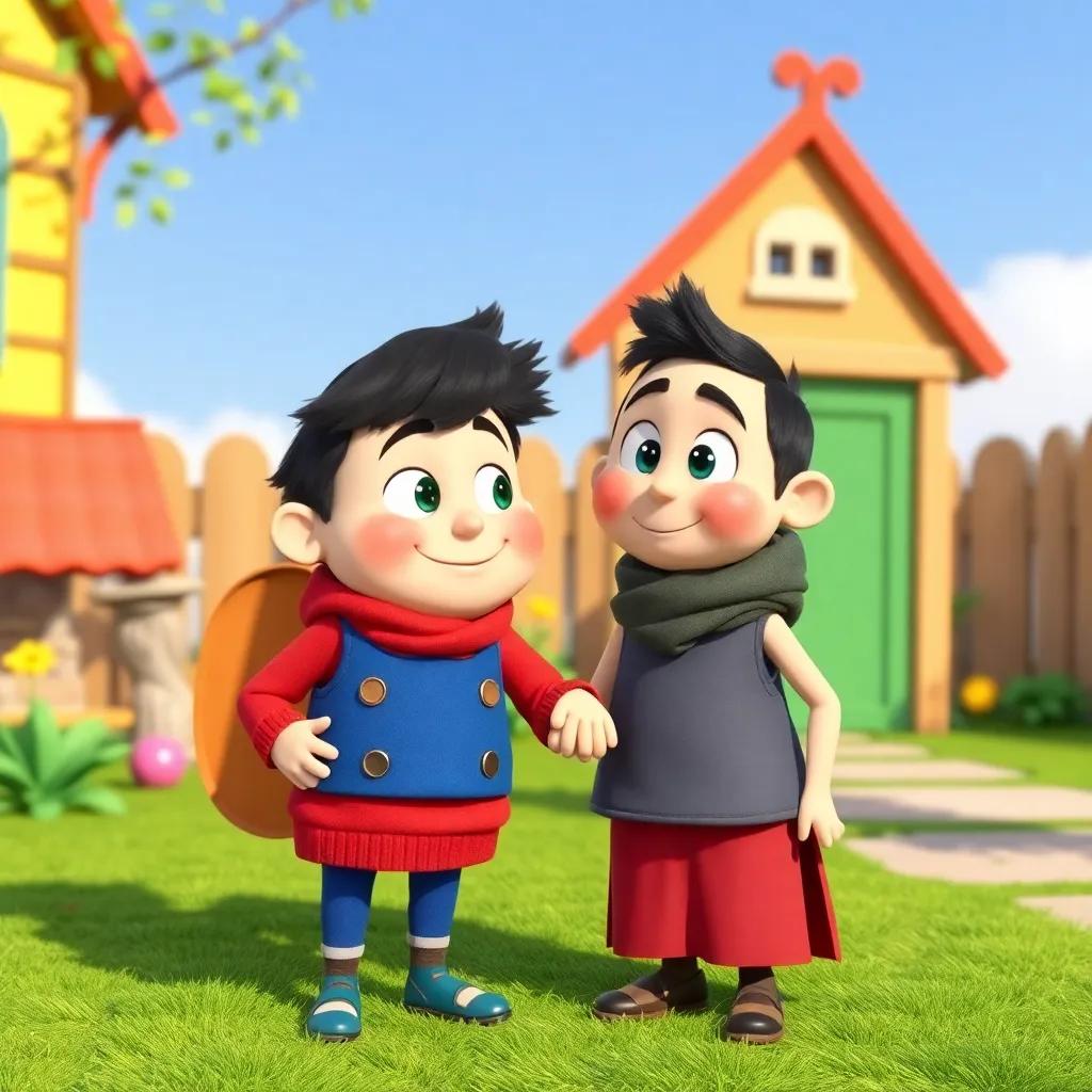 Juha and his neighbor, continuing their friendship and adventures, standing in a cheerful setting, bright and colorful scene, emphasizing their bond