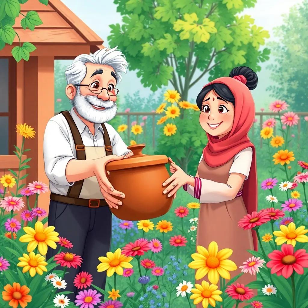 A big pot being handed over from a smiling neighbor to Juha, surrounded by colorful flowers in a garden, friendly scene, lively colors, digital illustration
