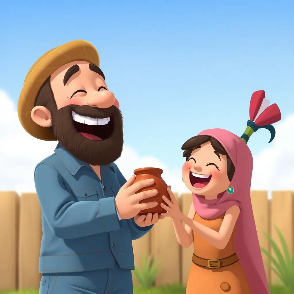 A laughing neighbor receiving the small pot from Juha, both having cheerful expressions, under a clear blue sky, humorous cartoon illustration