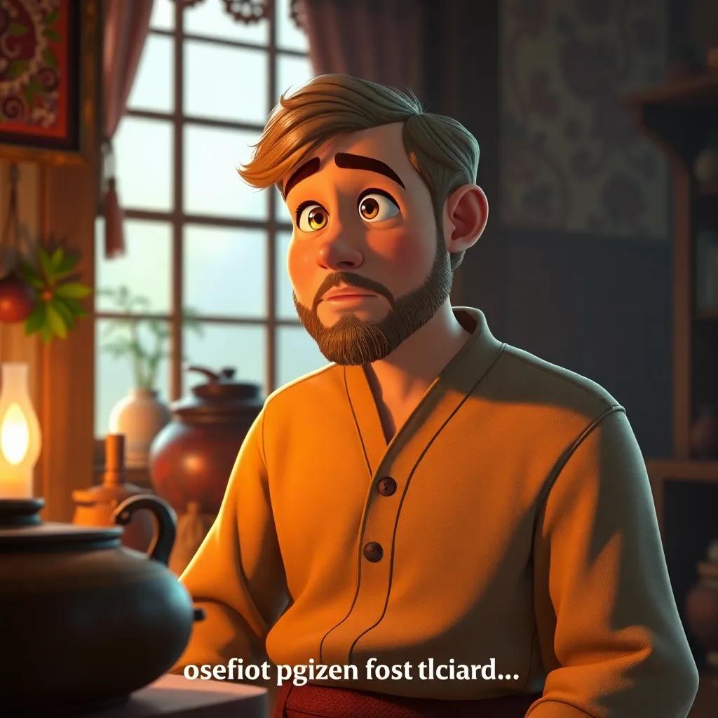 Juha at his home, looking thoughtful as he talks about the pot's 'death', indoor scene with traditional decorations, warm light, imaginative atmosphere
