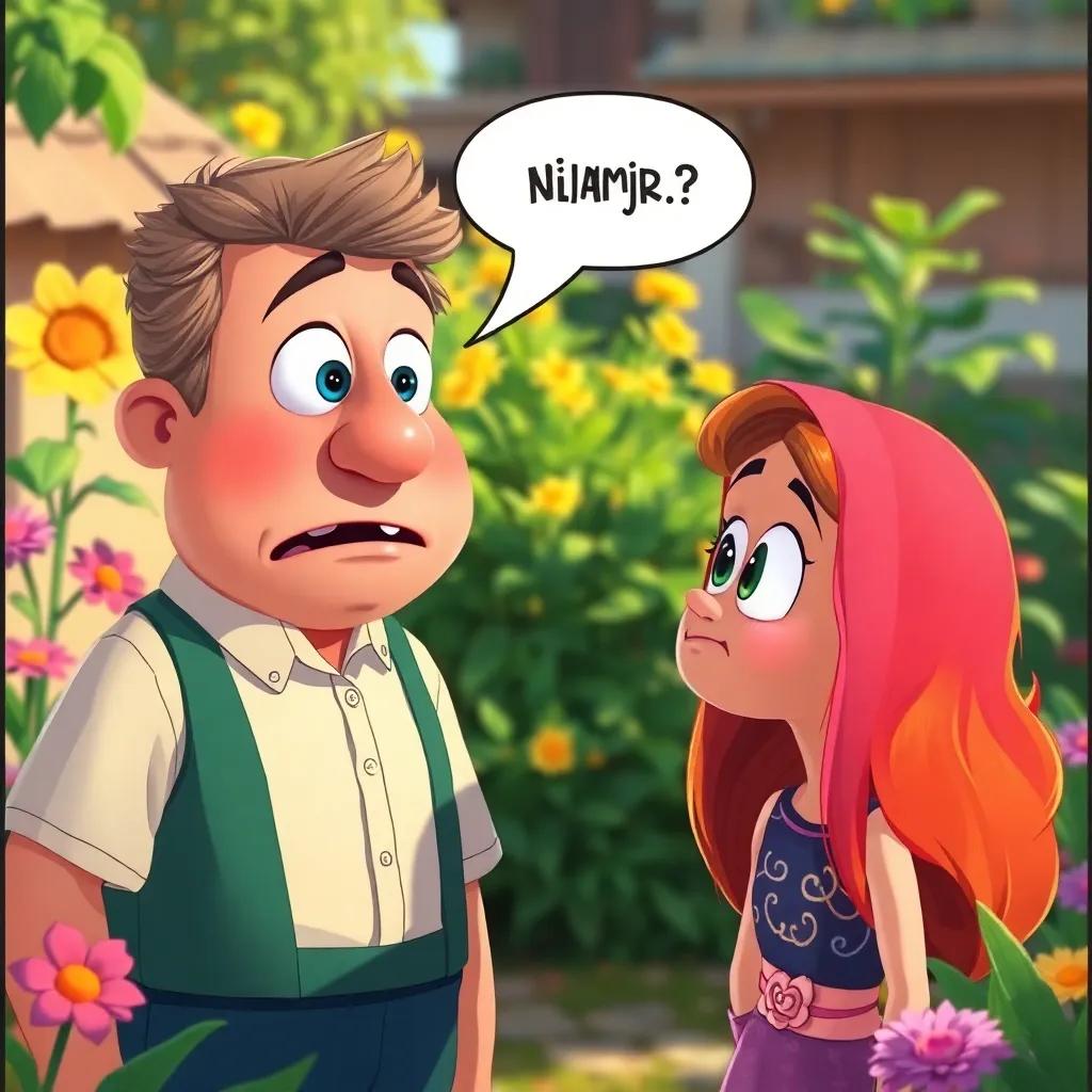 A surprised neighbor with a puzzled face, questioning Juha, with a bright garden around them, humorous painting style, colorful