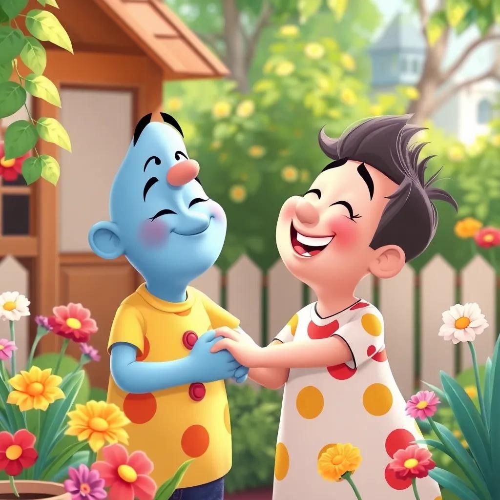 Juha and his neighbor, both laughing together in the garden, friendship mood illustrated, bright colors, joyful atmosphere, cartoon style