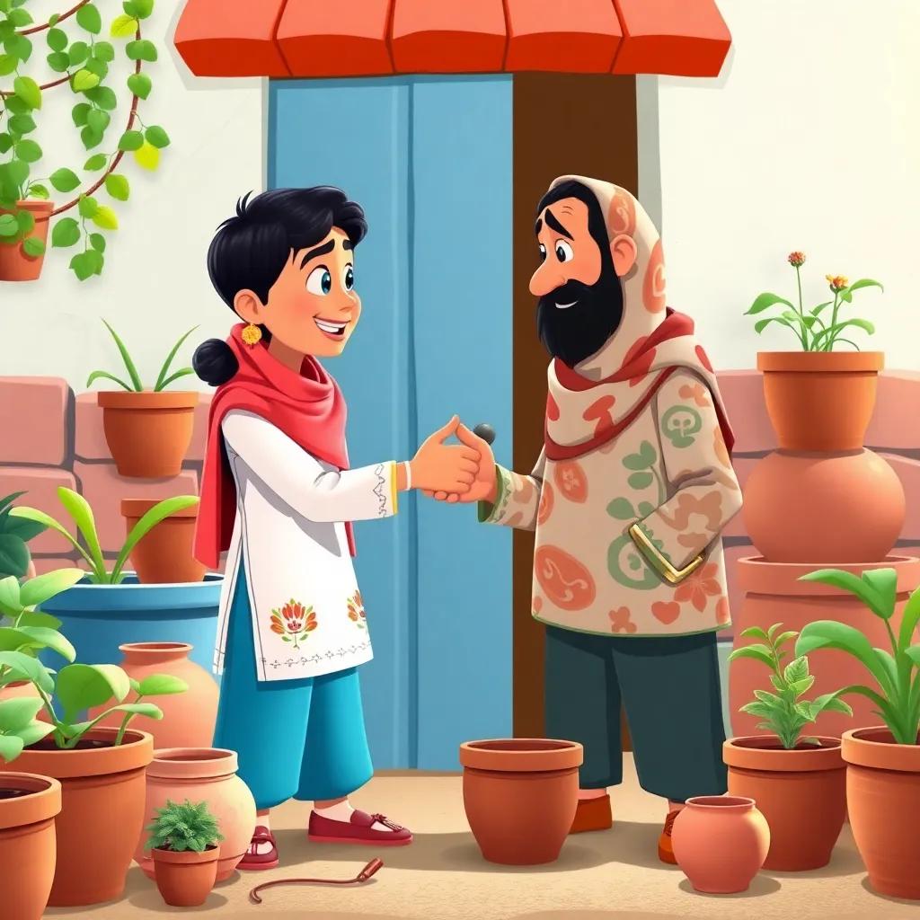 A funny final scene of Juha and the neighbor shaking hands, with pots around them, representing friendship, playful vibe, lively colors and enchanting illustration