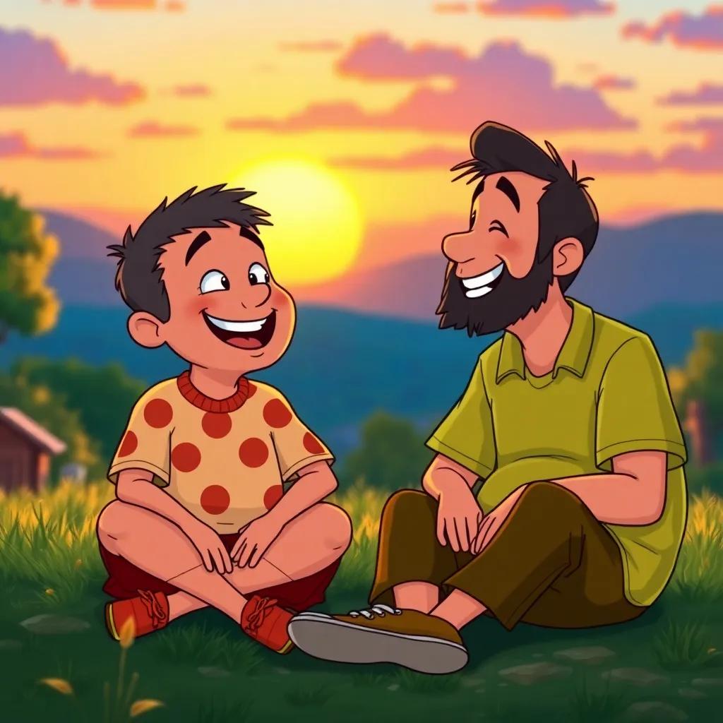 Juha and his neighbor sitting together, sharing a laugh, with a sunset in the background, warm and friendly atmosphere, colorful, cartoon style