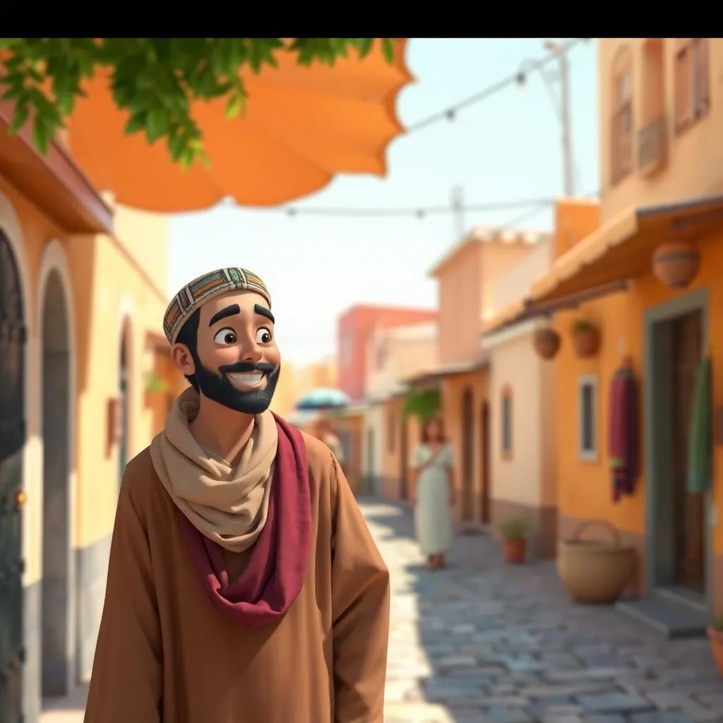 A cheerful Arabic man, Juha, wearing traditional clothes, smiling, talking to his neighbor in a sunny village street, bright and vibrant atmosphere, digital art, lively, joyful scene, warm colors