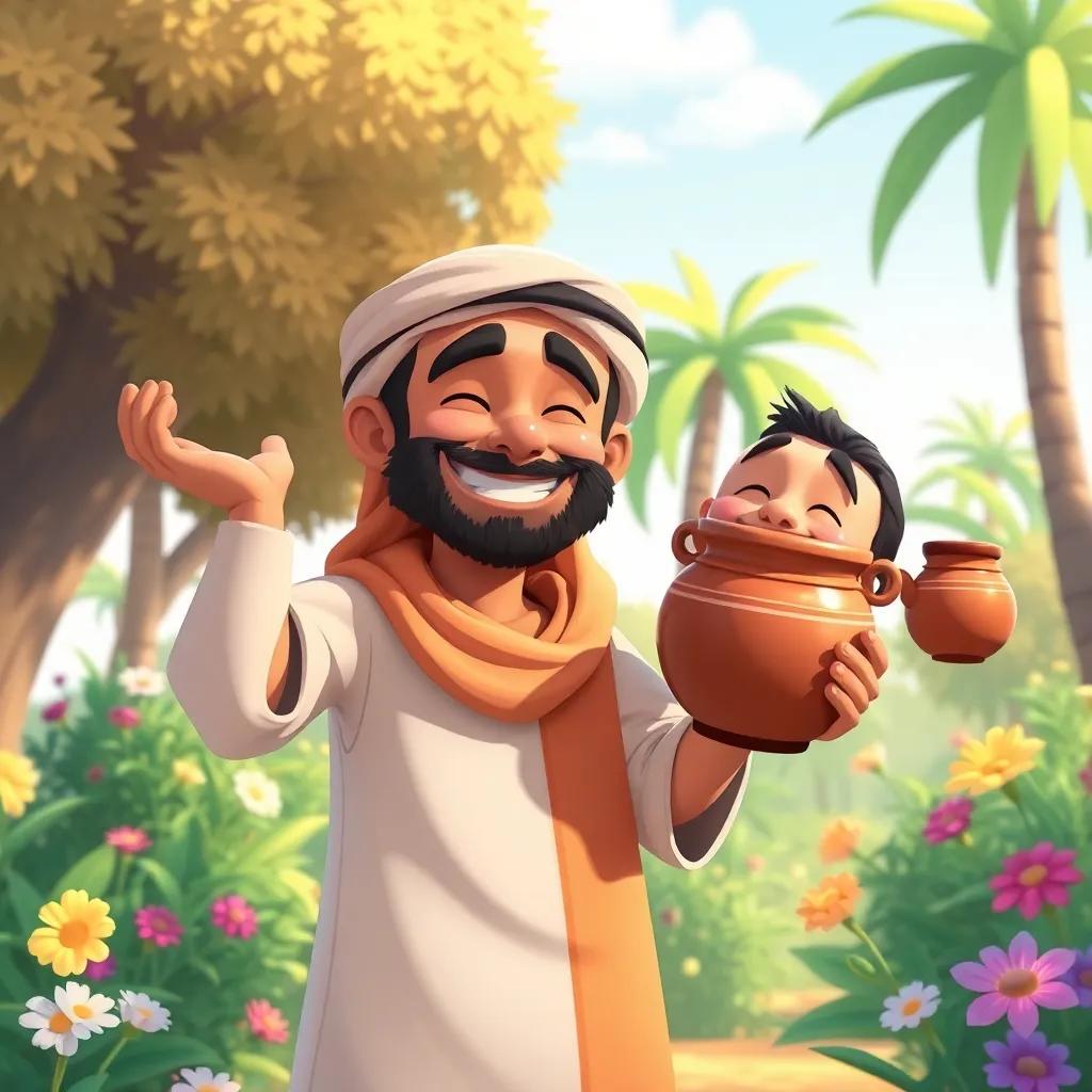 Juha, a cheerful Arabic man, with a funny expression, holding a large pot and a small pot, next to his laughing neighbor, surrounded by trees and flowers, playful mood, colorful illustration, child-friendly