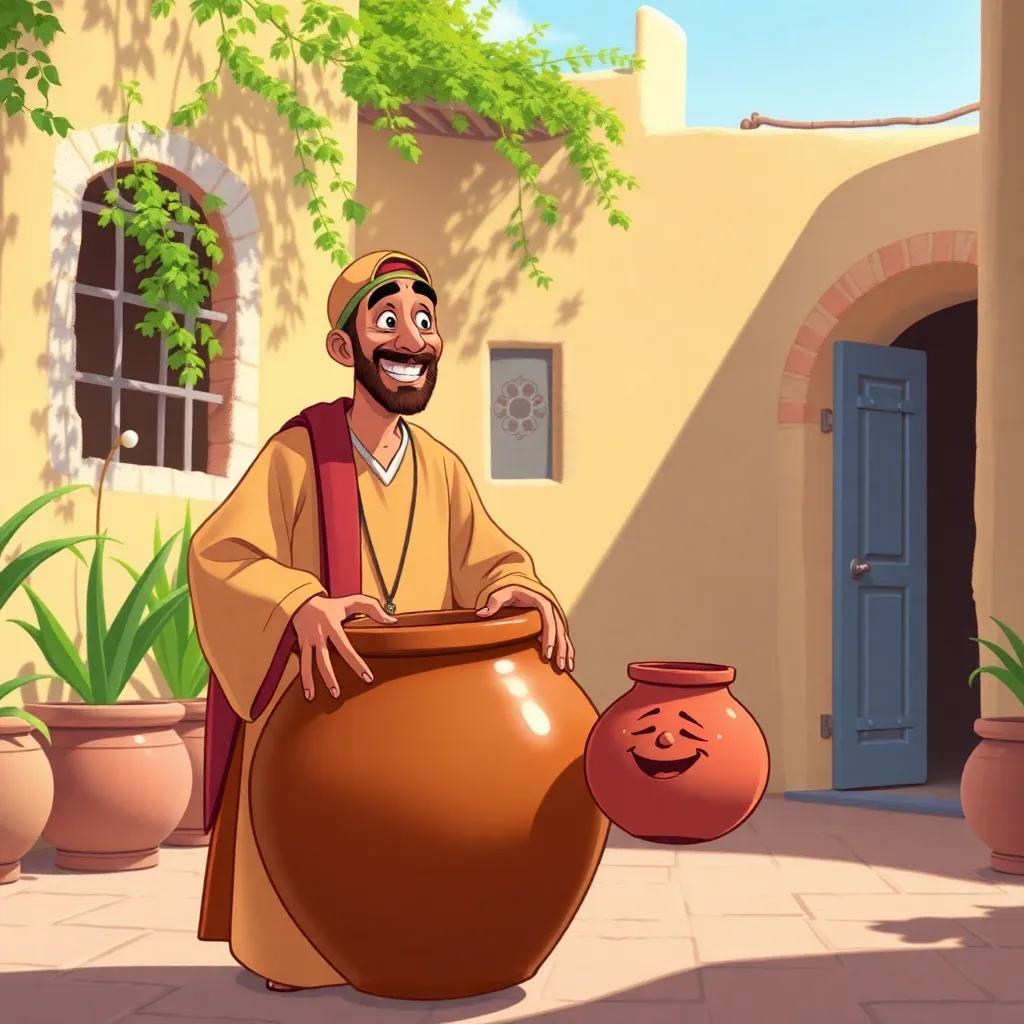 Juha, a cheerful Arabic man, returning the large pot, with a funny small pot beside it, laughing with his neighbor in a cozy courtyard, sunny day, lively and humorous scene, digital drawing, bright colors