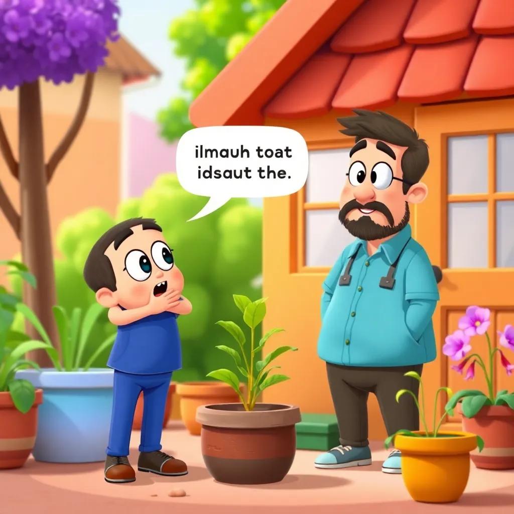 A humorous scene with Juha and his neighbor, with the neighbor looking surprised at Juha's funny statement about the pot, colorful surroundings, cheerful vibe, playful illustration, child-friendly style