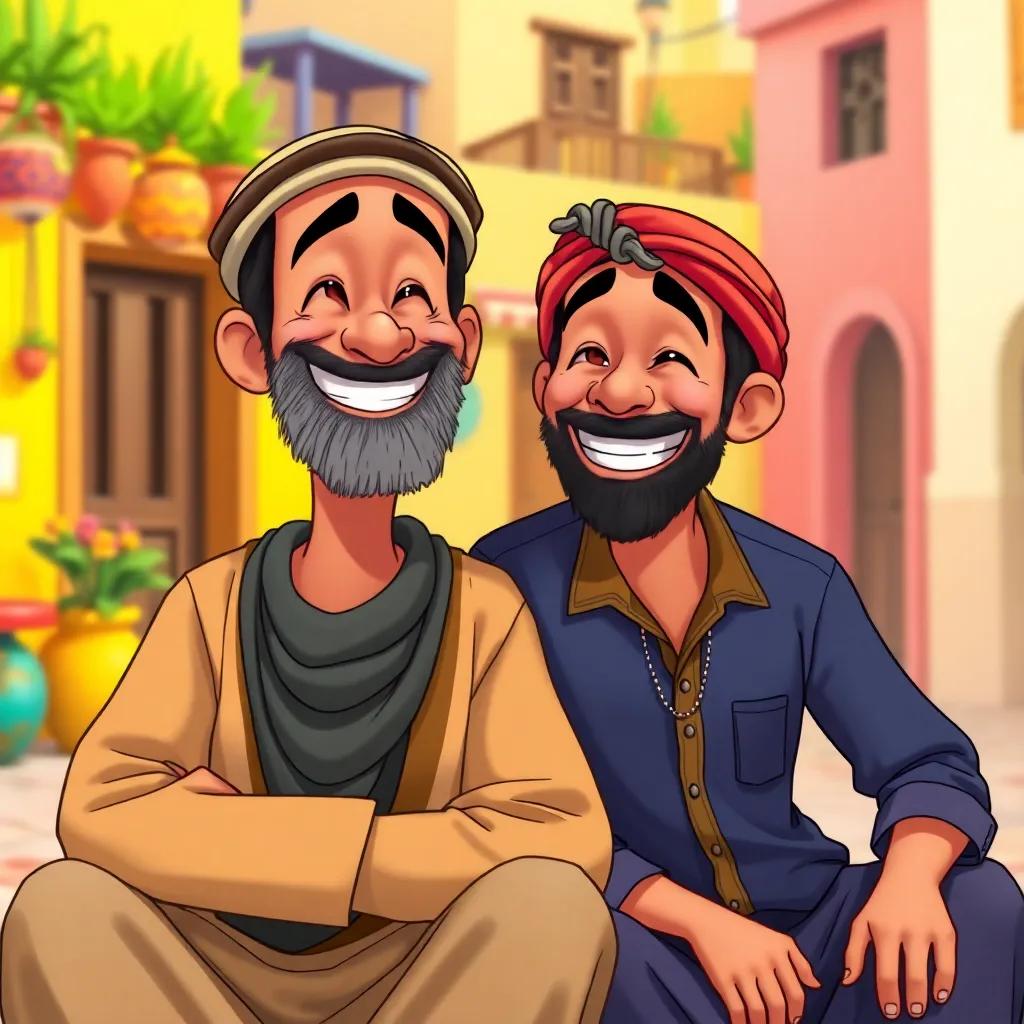 Juha, a cheerful Arabic man with a playful smile, sitting with his neighbor, both laughing together, colorful village background, warm and inviting atmosphere, digital art, happy and humorous
