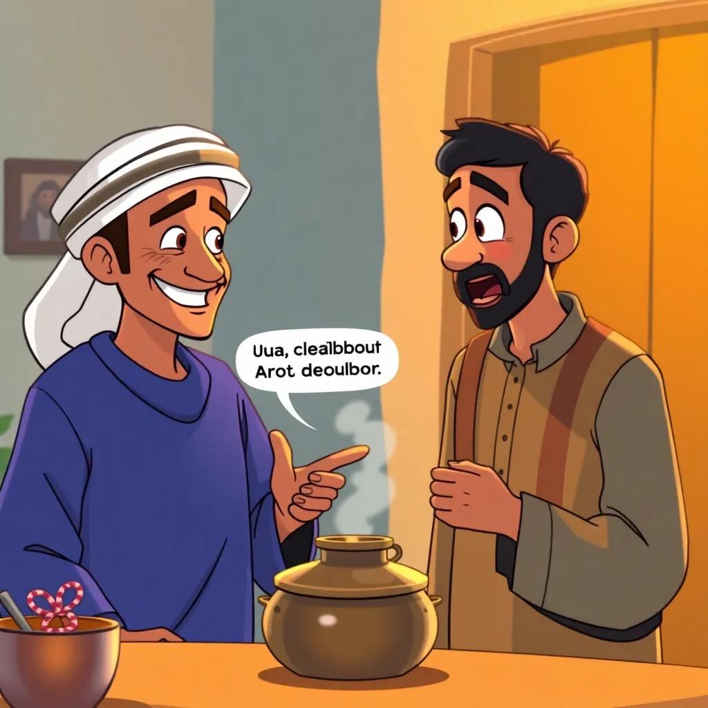 Juha, a cheerful Arabic man with a calm expression, talking to his surprised neighbor about the pot's 'death', engaging scene, colorful and playful, warm light, creative storytelling illustration
