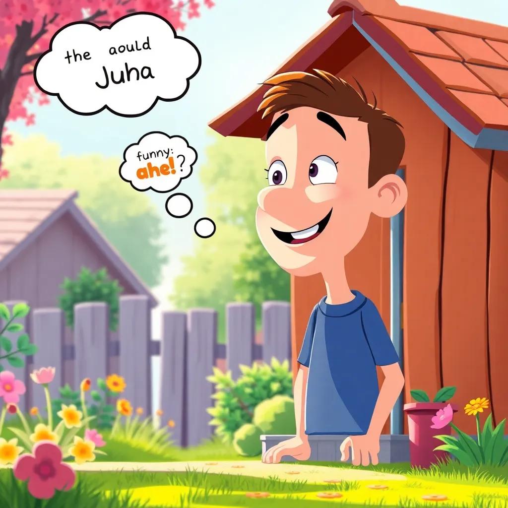 The neighbor, looking thoughtfully and laughing, thinking about Juha’s funny stories, bright and colorful background, cheerful mood, artistic drawing, child-friendly concept