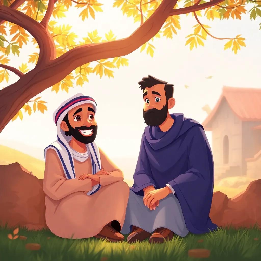 Juha, a cheerful Arabic man, and his neighbor becoming friends, sitting together under a tree, surrounded by nature, joyful scene, warm and inviting colors, cozy atmosphere, storytelling concept