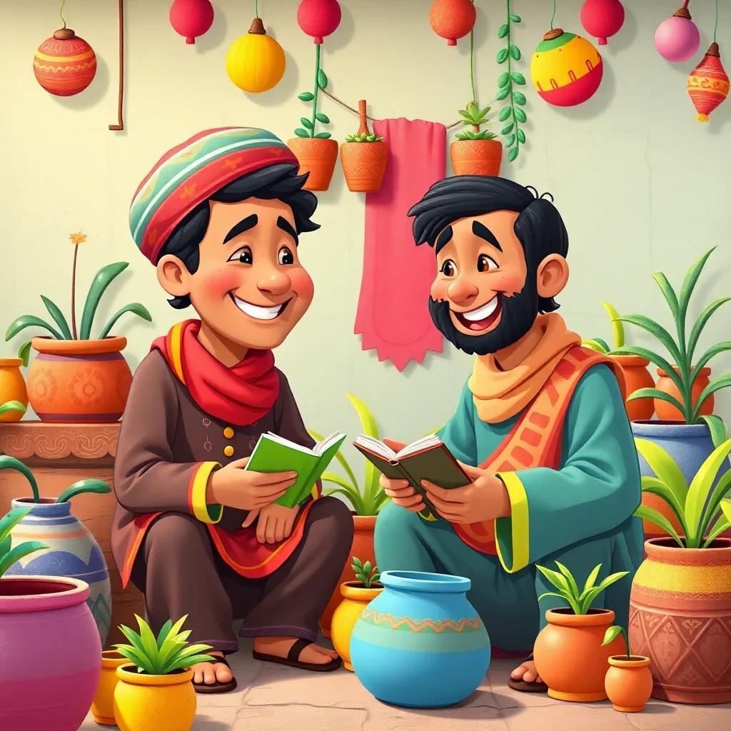 Juha and his neighbor sharing stories, laughing together with pots around them, colorful decoration, cheerful vibe, vibrant illustration, engaging and fun