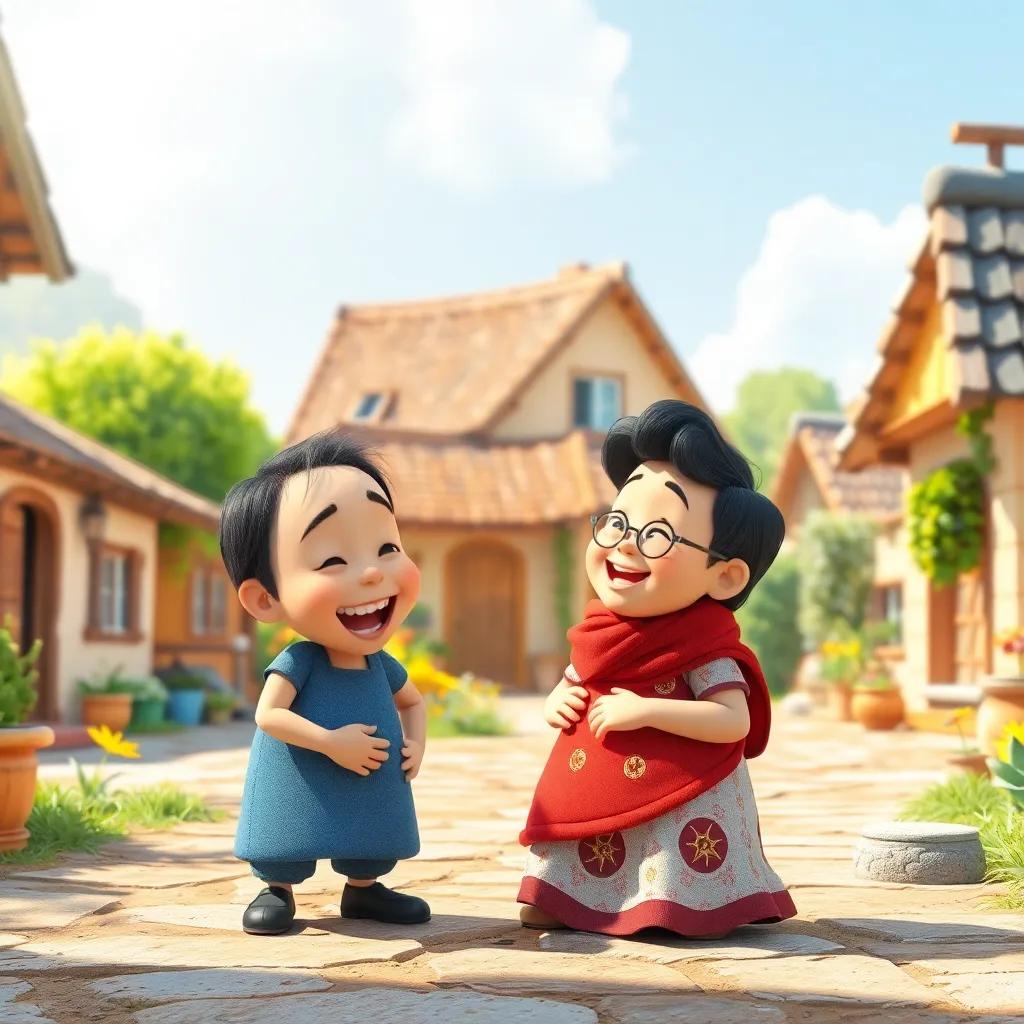 A whimsical scene with Juha and his neighbor happily sharing laughter in a sunny village, both interacting joyfully, lively and colorful, enchanting atmosphere, digital art