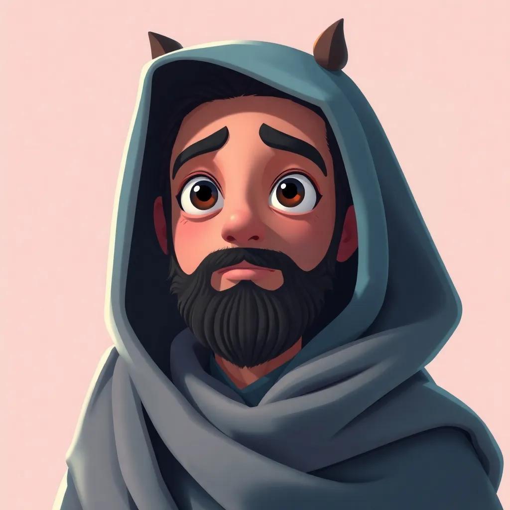 حاتم الطائي، رجل عربي، يقف بشجاعة أمام اللصوص، سيفه القديم في يده، السماء زرقاء ومشرقة، مشهد ملحمي، فن رقمي، ألوان قوية، جودة عالية