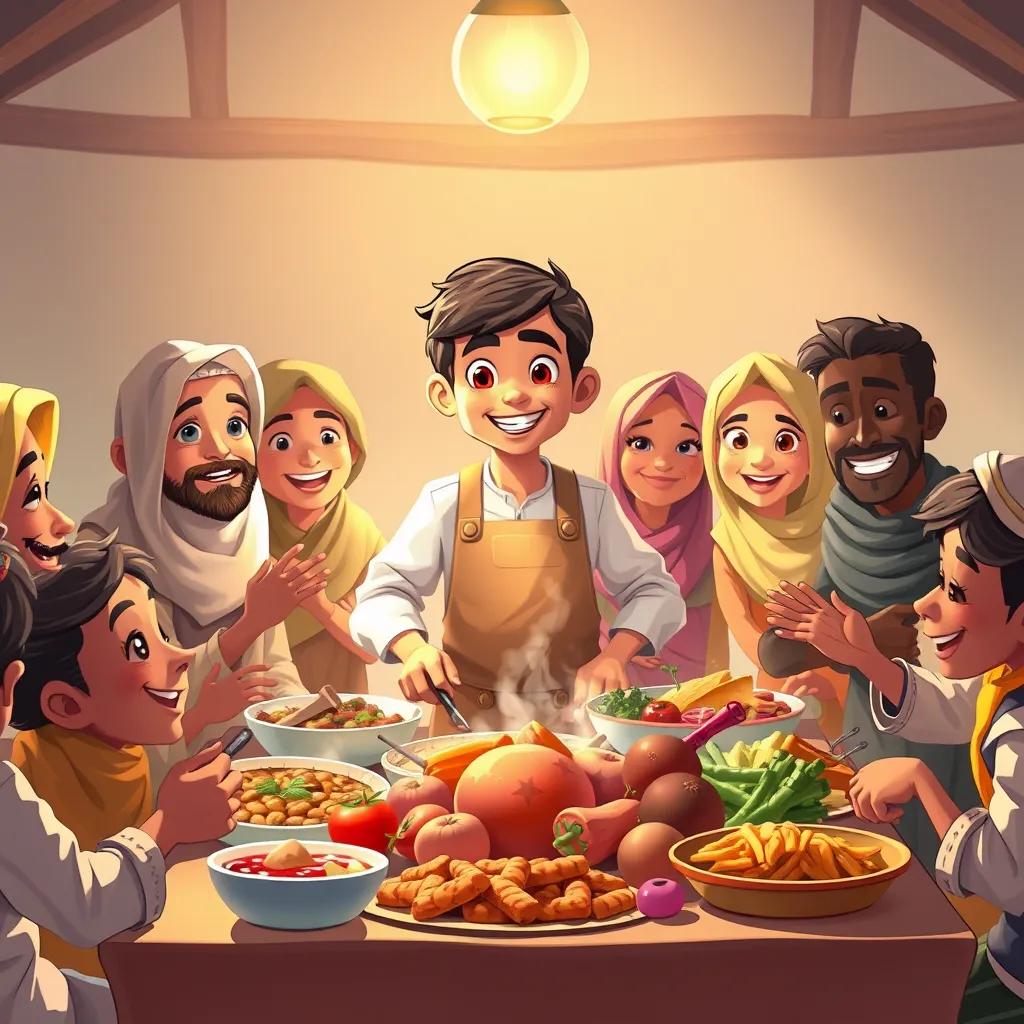 A group of villagers enjoying delicious food prepared by Hatim, a smiling Arab boy wearing an apron, surrounded by happy faces, beautiful food spread on a large table, illustration, warm light, inviting