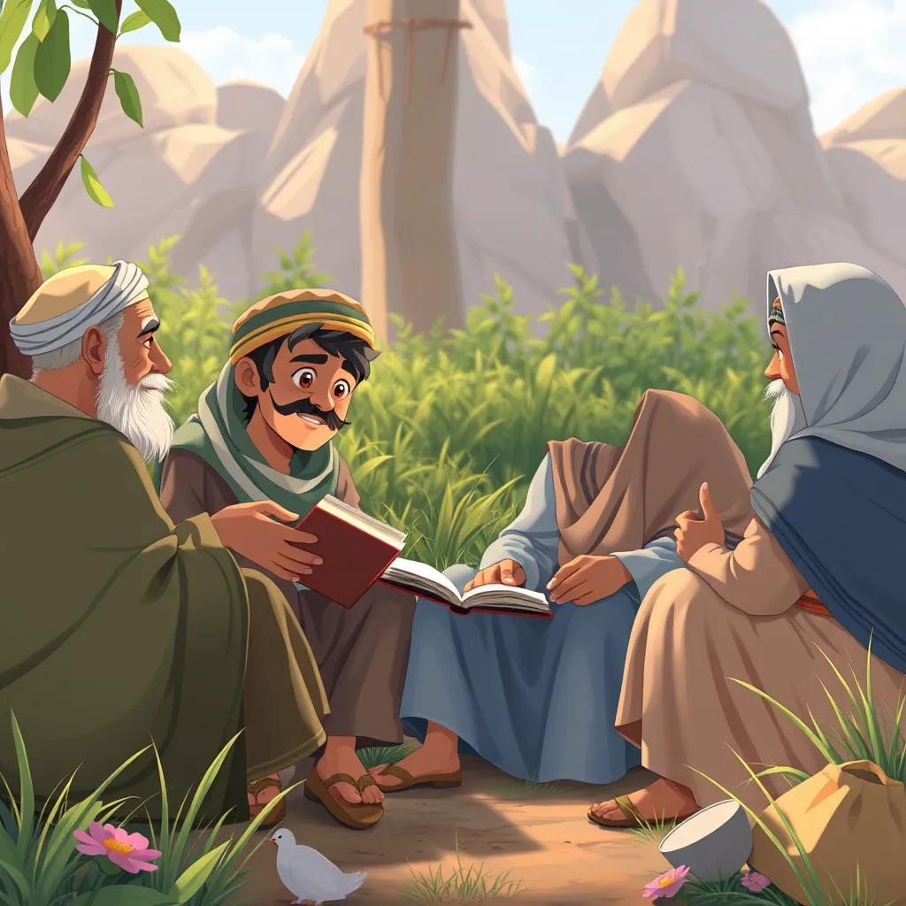 Hatim, a generous young Arab boy, sitting with elderly villagers sharing stories, surrounded by nature, creating a heartwarming scene, illustration, peaceful, community-focused