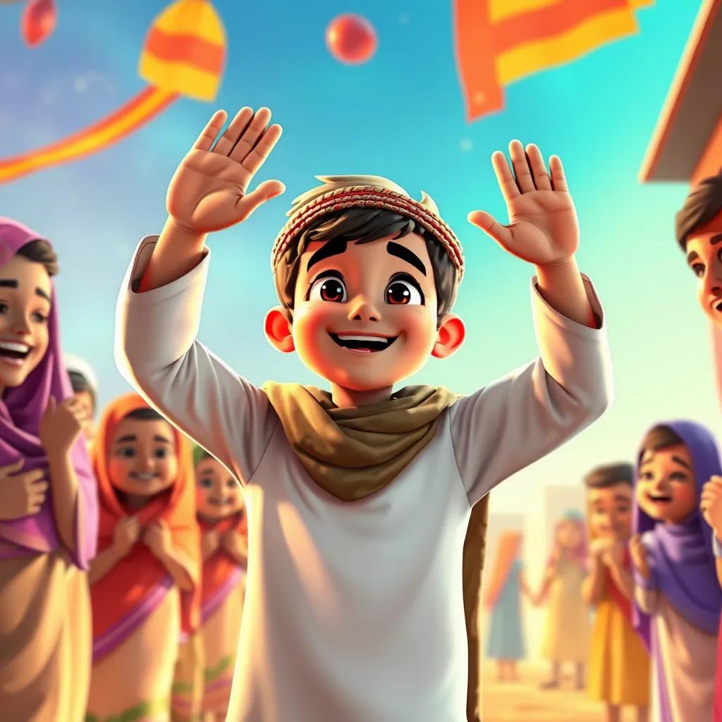 Hatim, a proud young Arab boy, waving goodbye to villagers at the end of the celebration, heartwarming smiles and thankfulness all around, colorful background, uplifting imagery