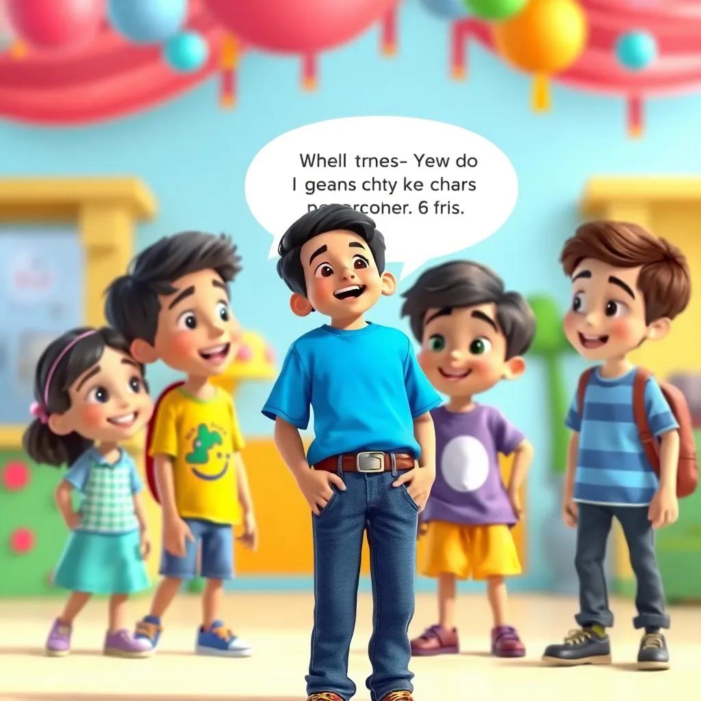 A young Arab boy, Hatem, with short black hair wearing a bright blue t-shirt and jeans, excitedly talking to his friends about going to Knowledge City, colorful background, playful atmosphere, cheerful children, digital art, bright colors, engaging