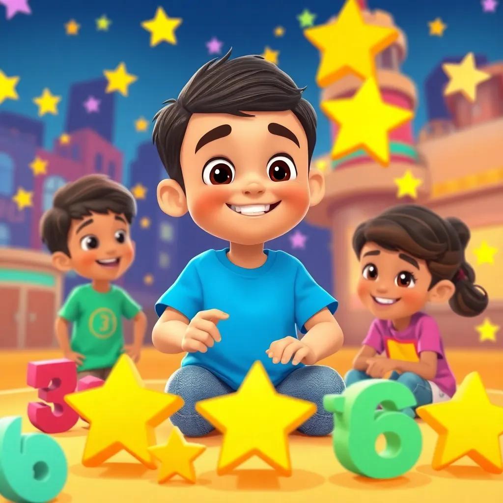 Hatem, a young Arab boy with short black hair in a bright blue t-shirt and jeans, playing a number counting game with his friends in Knowledge City, surrounded by colorful stars and numbers in a fun way, illustration, joyful, learning atmosphere, child-friendly