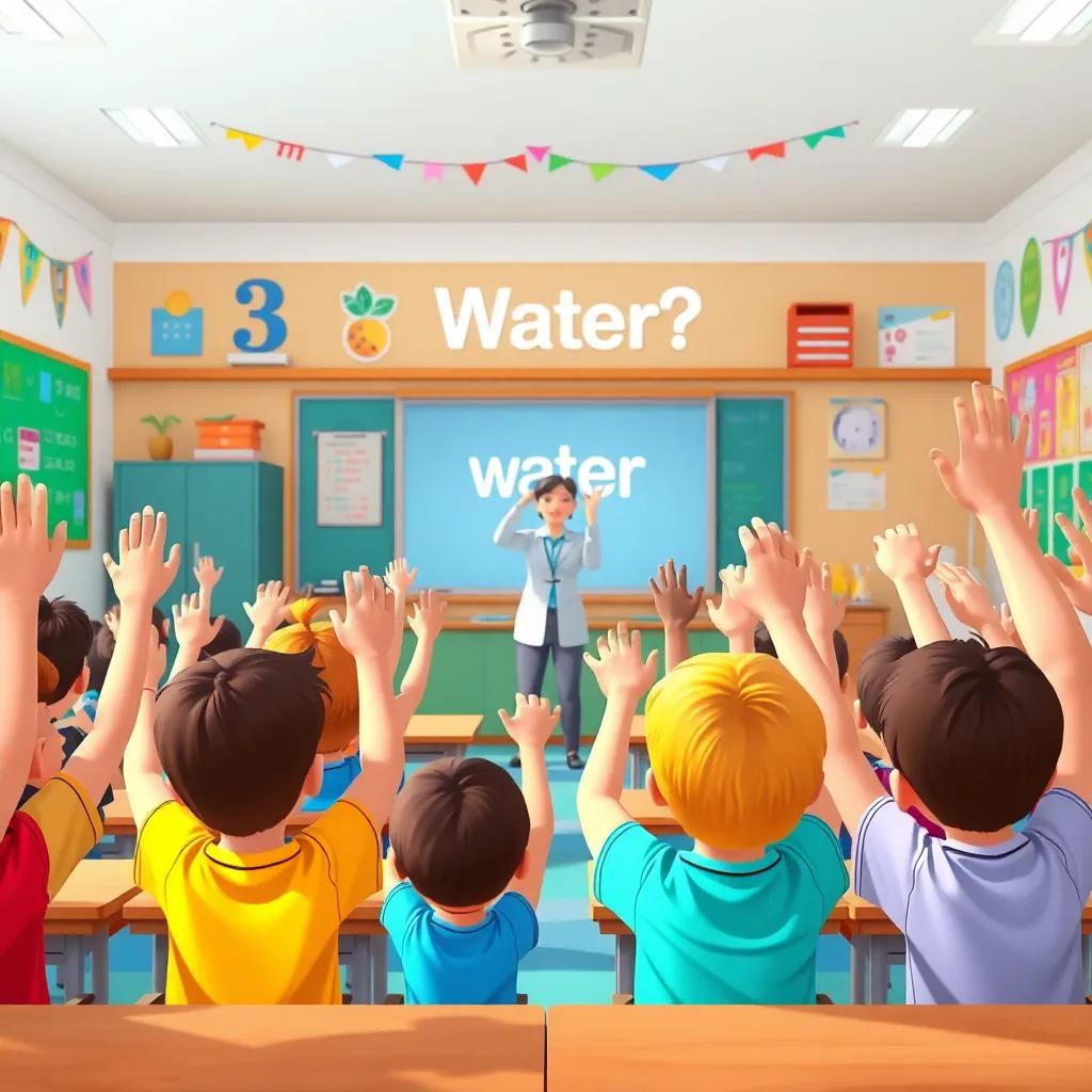 A classroom full of children, eagerly raising their hands, with a teacher at the front asking a question about water, colorful classroom decorations, cheerful atmosphere, digital art, vibrant and playful, engaging scene