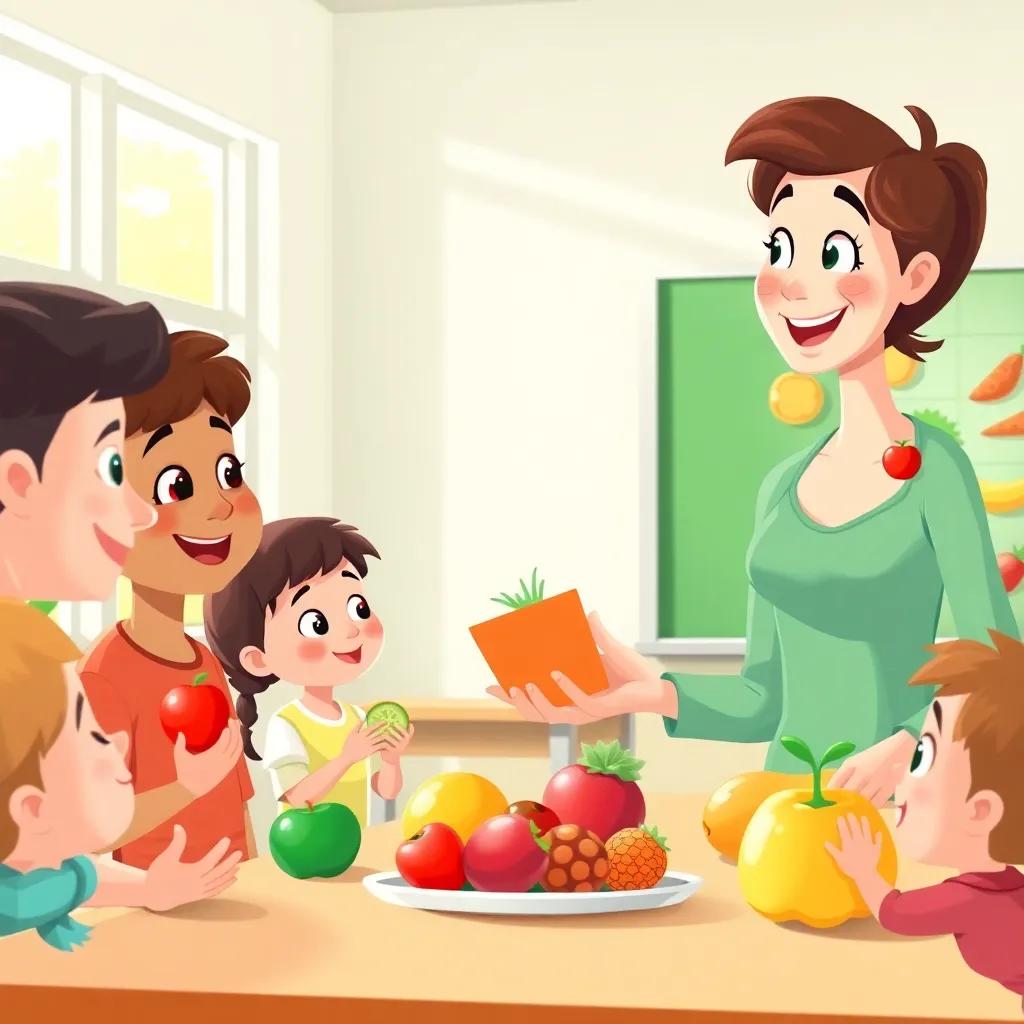 A cheerful teacher discussing food with kids, children are smiling and holding fruits, bright classroom setting with sunlight coming through the windows, colorful food illustrations on the board, friendly and inviting vibe, children's illustration
