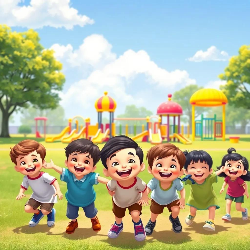 A group of smiling children playing in a large, sunny park, colorful playground equipment in the background, joyful atmosphere, bright colors, cheerful vibe, detailed illustration