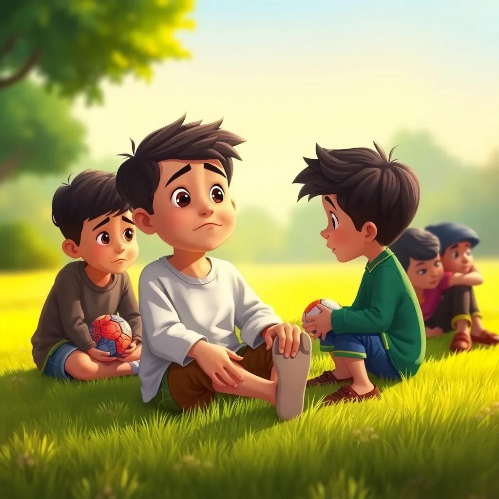 A worried boy, Yasser, sitting on grass with a hurt foot, surrounded by concerned friends, one boy holding a ball, others looking at him, warm colors, caring expressions, heartfelt scene