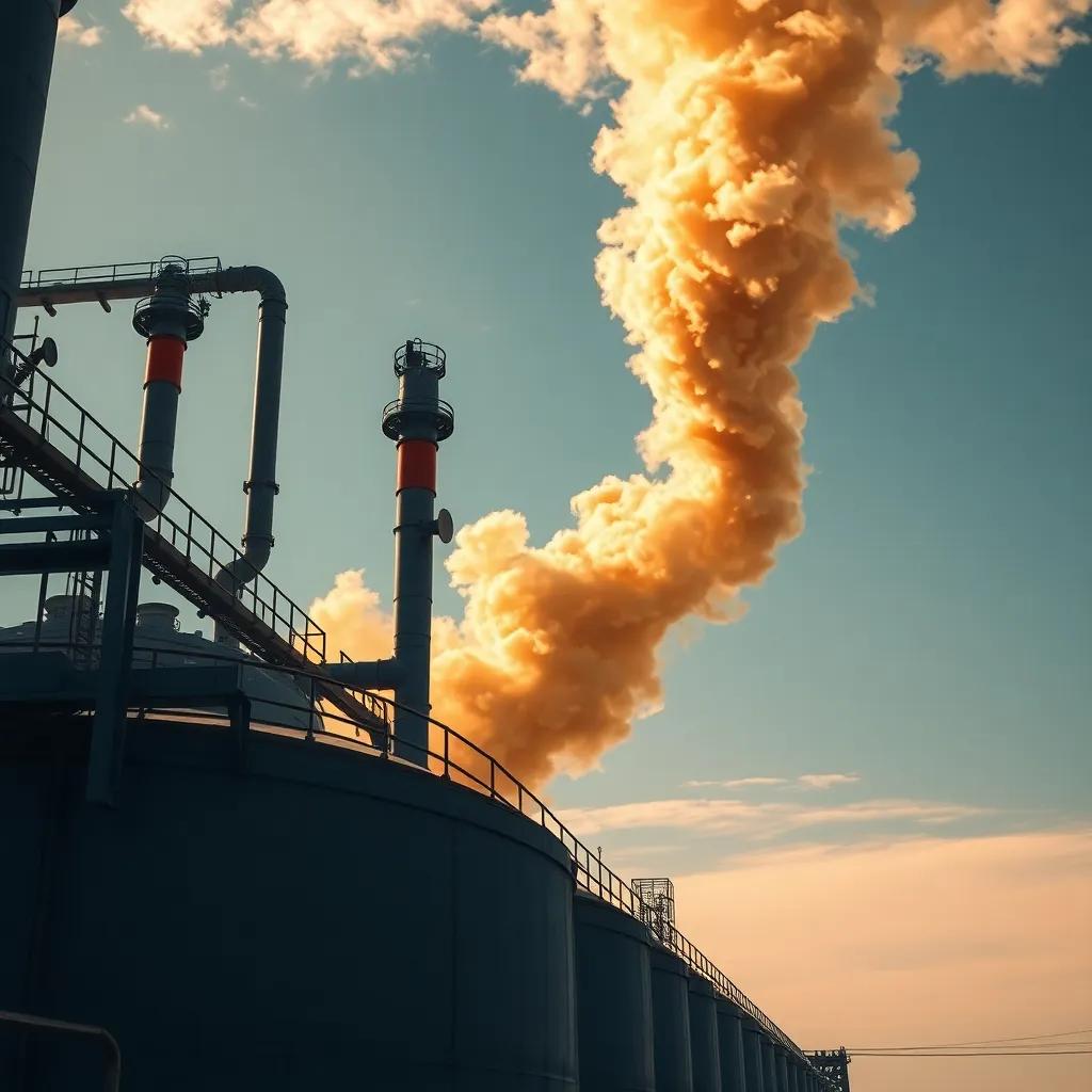 A chemical factory with a visible bromide leak from a pipe connected to a tank, showing a dense yellow/brown gas cloud spreading into the air, digital art, industrial scene, realistic portrayal, clear sky, high focus, dramatic atmosphere, engaging composition