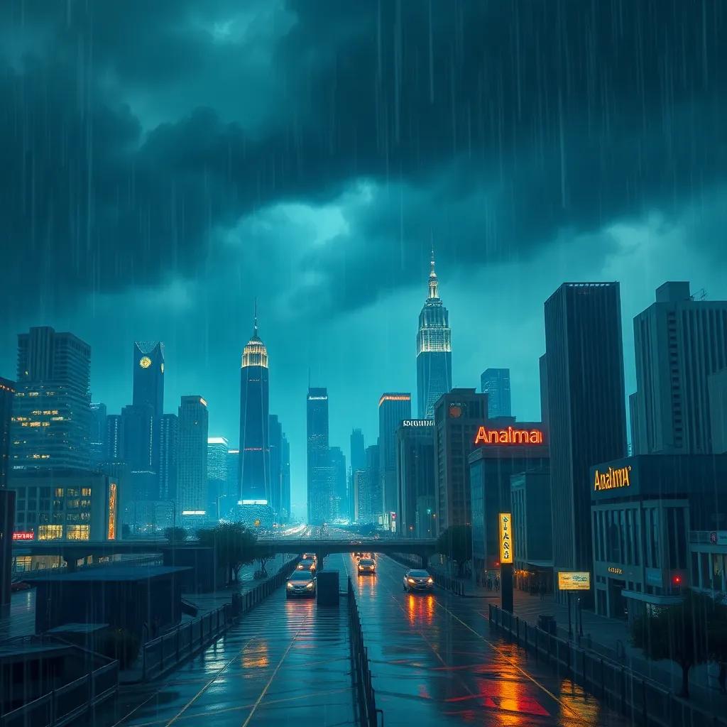 A city skyline of anakma with skyscrapers reaching the clouds, a stormy night with rain pouring down creating puddles on the streets, digital art, dramatic lighting, dark colors, vibrant city life, high quality