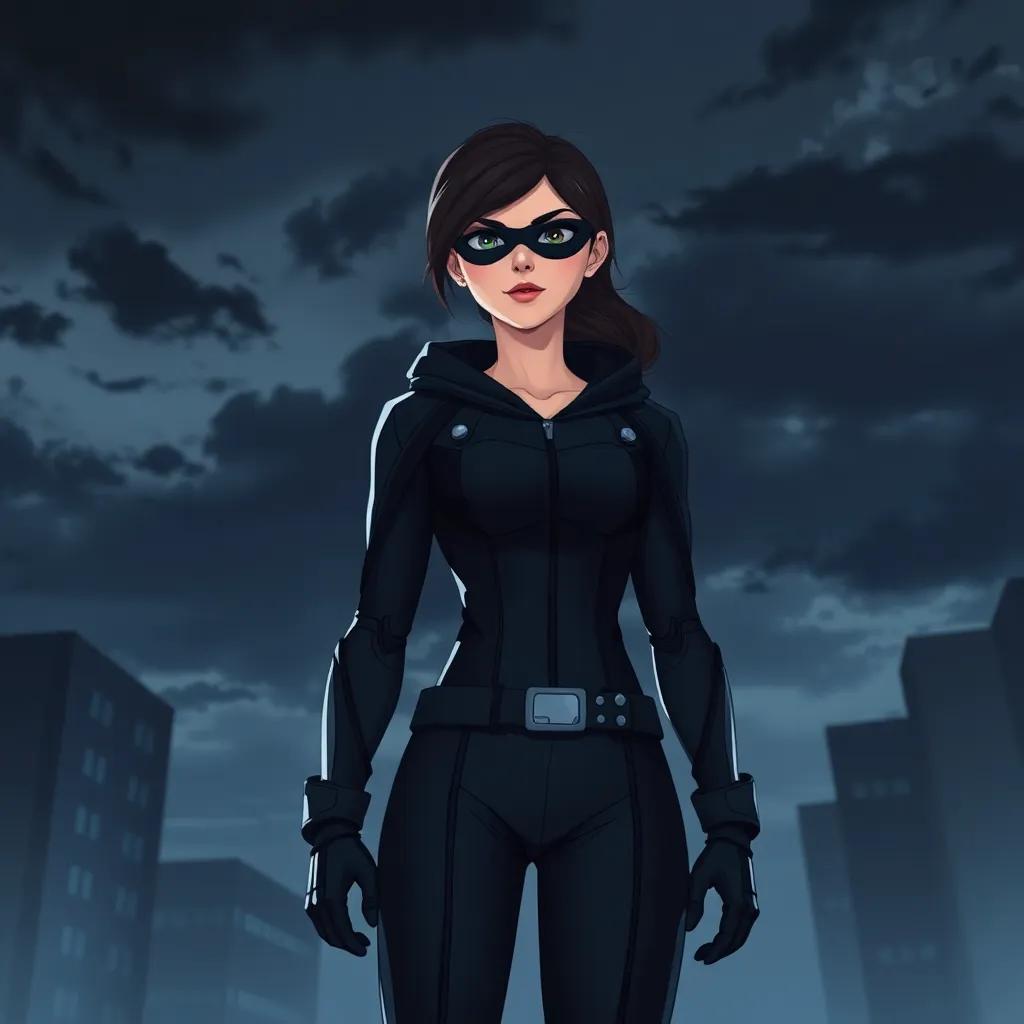 Dr. Elara Keen, an invisible heroine, wearing a black stealth suit, standing under a dark sky looking determined, with city shadows around her, illustration, powerful and hopeful atmosphere, emotional impact, high quality