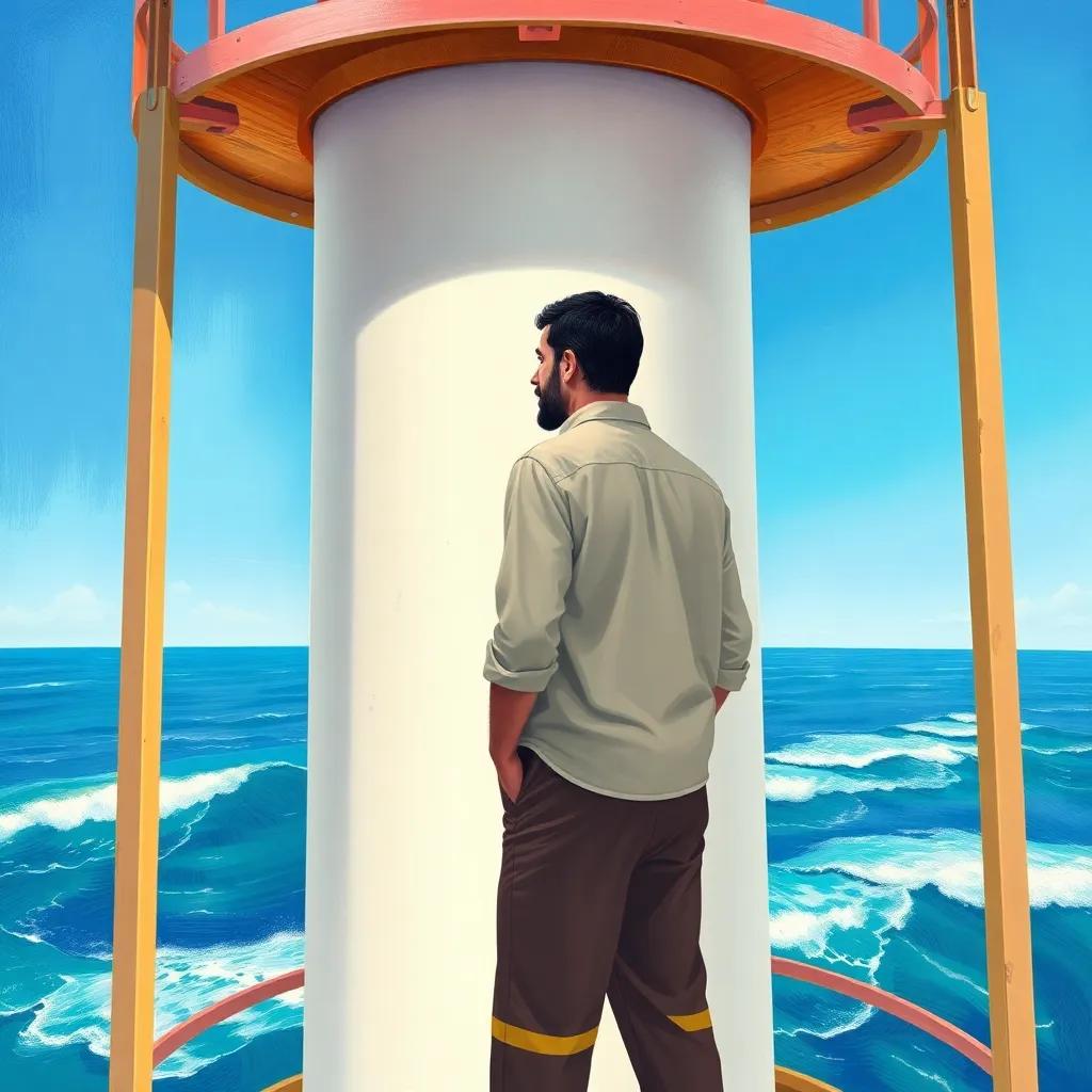 A lighthouse keeper, a Middle-Eastern man in his 30s wearing a simple shirt and pants, standing at the top of a lighthouse looking out to the sea, with waves crashing below and clear blue sky, digital art, bright colors, hopeful atmosphere, high quality