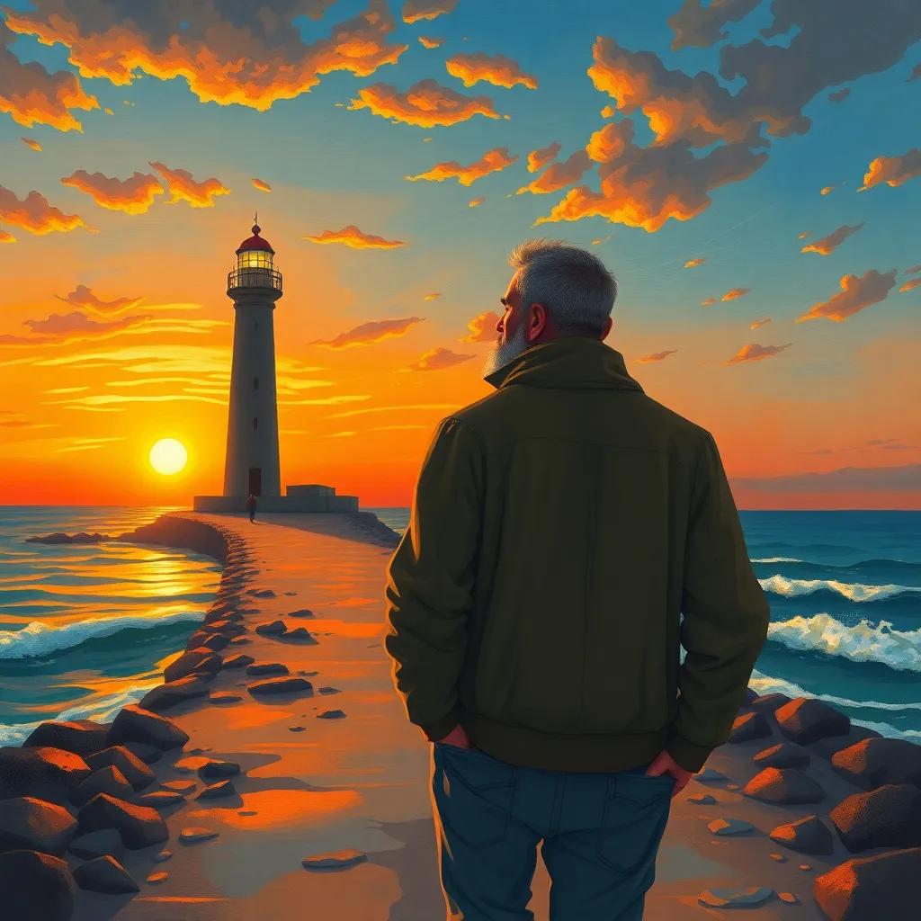 A tired sailor, a Middle-Eastern man in his 40s wearing a weathered jacket, walking towards a lighthouse with a heavy heart, surrounded by a beautiful sunset and gently lapping waves, illustration, warm tones, reflective mood, child-friendly
