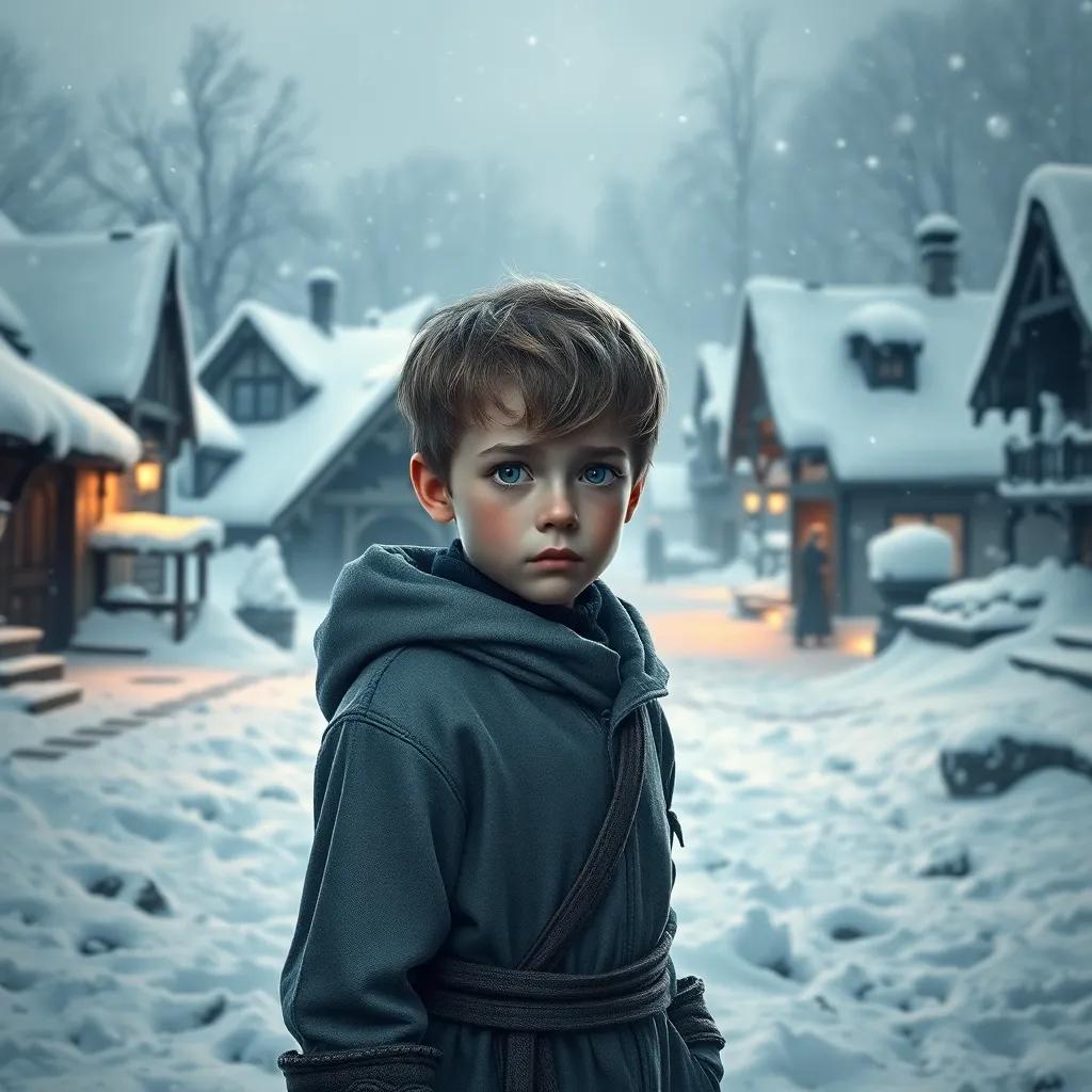 A young boy, Ildar, standing in a snowy village with worried expression, surrounded by white snow and dark shadows, digital art, bright colors, mysterious atmosphere, high quality