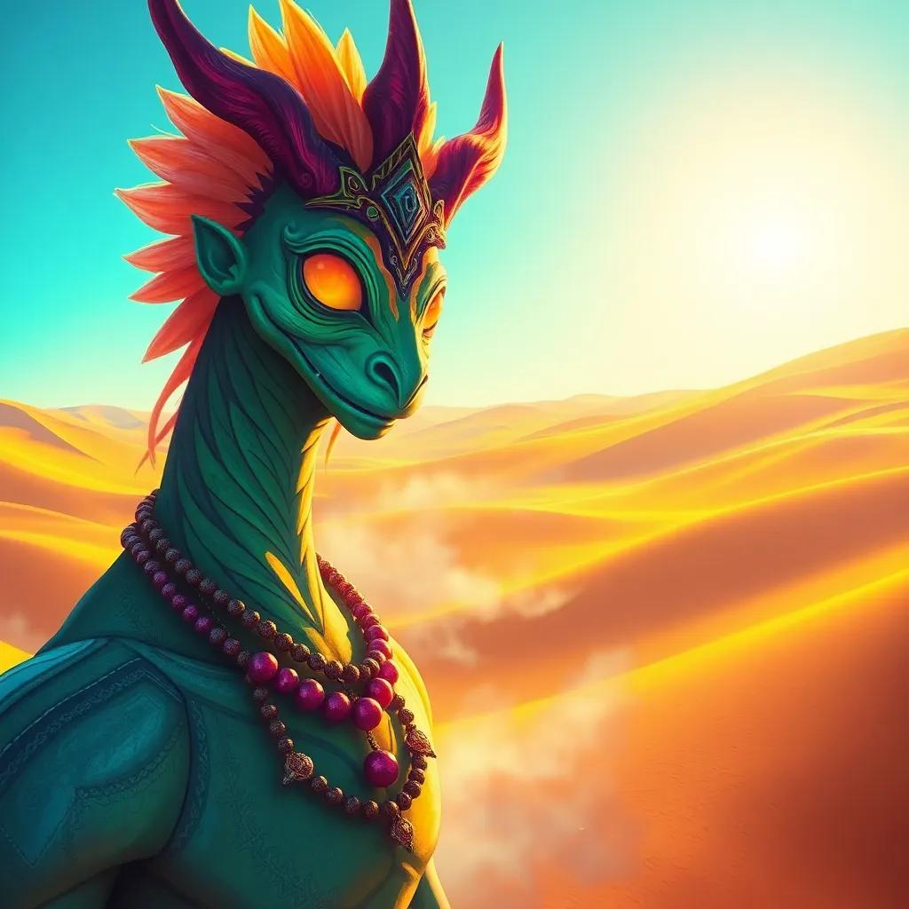 An enigmatic creature, Abu Fanous, with vibrant colors and mysterious features, smiling at Hazem in a vast desert with golden sand dunes, digital painting, magical atmosphere, bright sunlight, inviting perspective, high quality