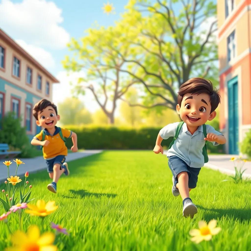A sunny schoolyard with two boys, Hazem and Akram, excitedly playing a running game with smiles, green grass, and bright flowers, cheerful atmosphere, digital art, vibrant colors, warm light, high quality