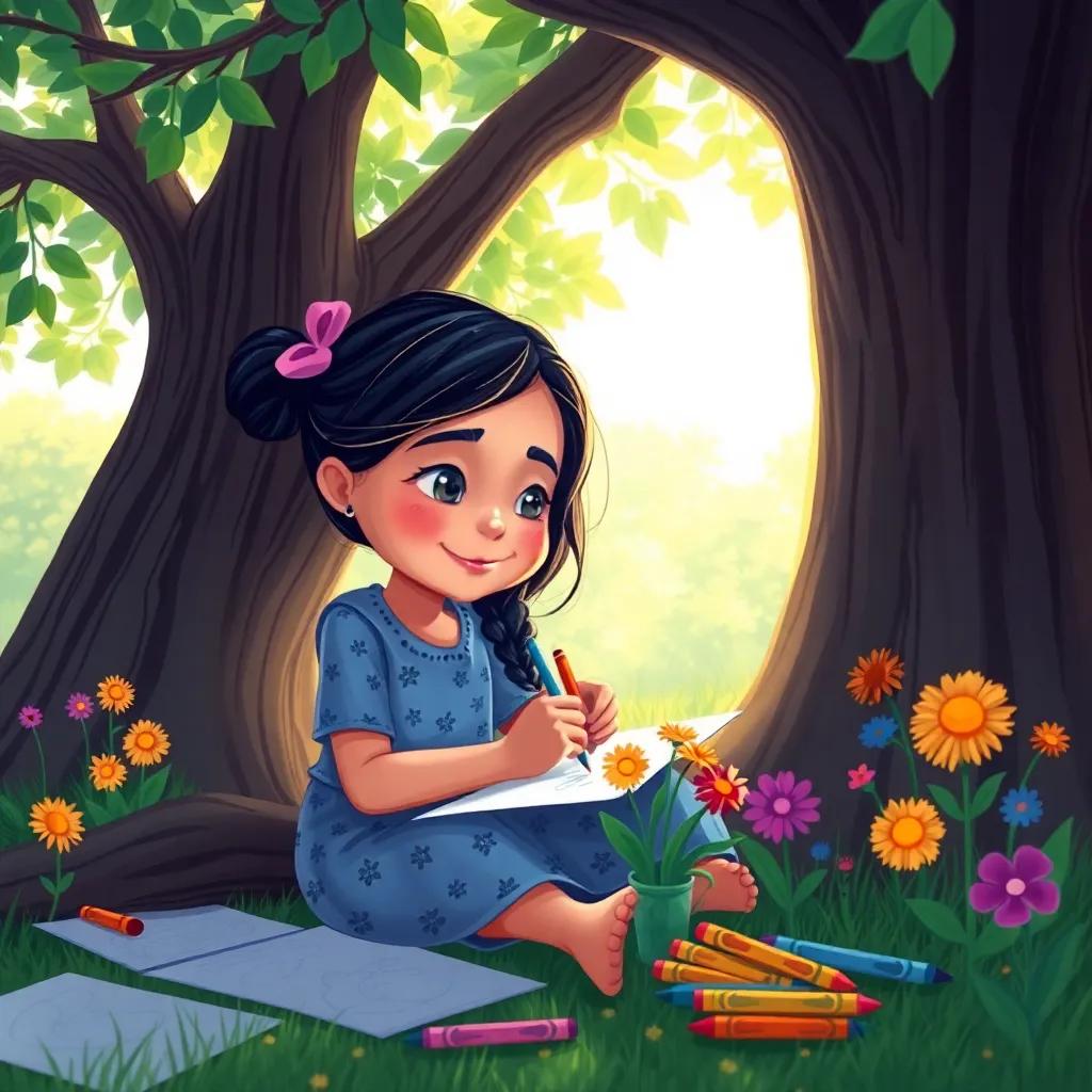 A girl named Samaa, happily drawing flowers with crayons under a tree, surrounded by colorful drawings, soft sunlight filtering through branches, inviting atmosphere, illustration, child-friendly