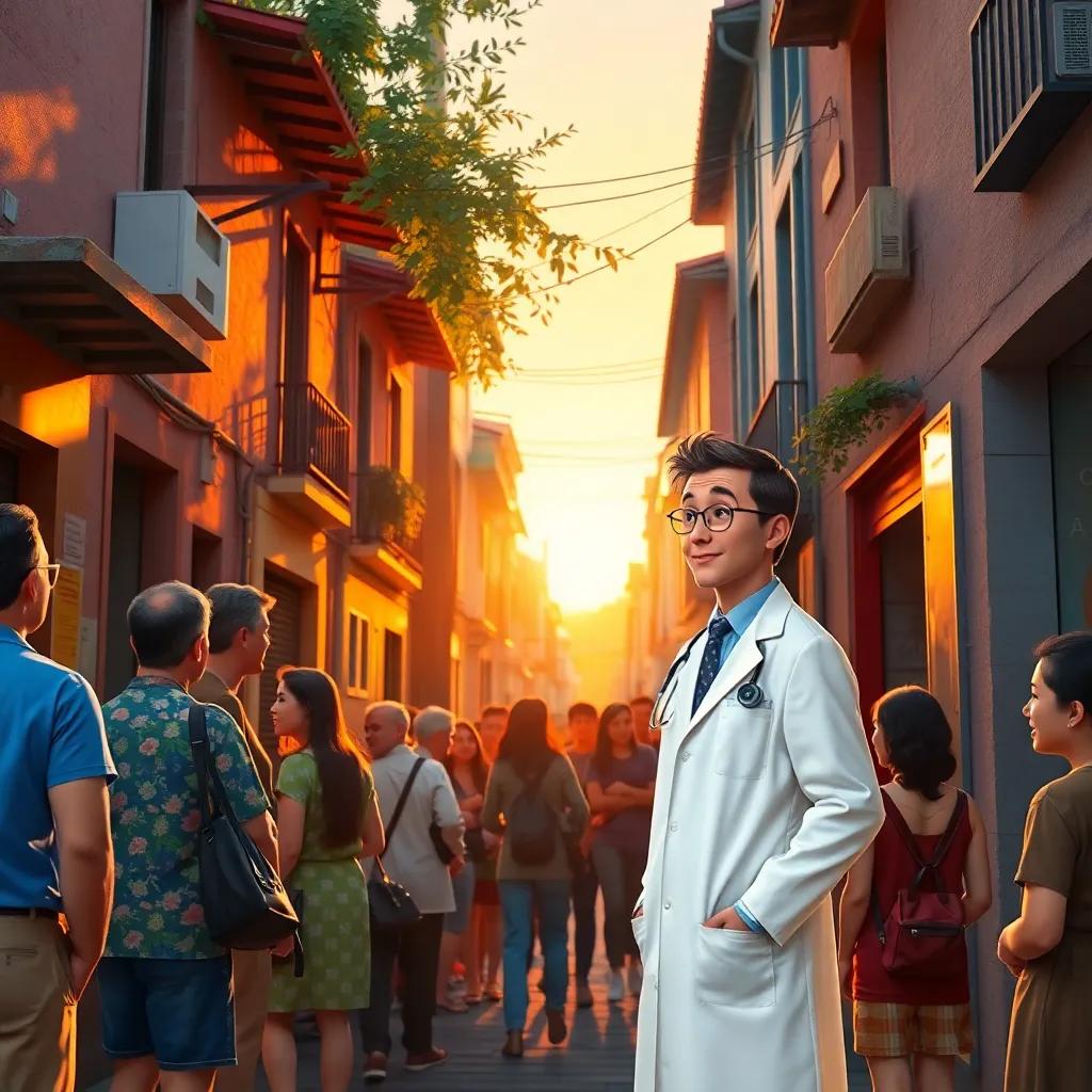 A bustling street in the Marraghina neighborhood, with people chatting and laughing in the evening sun, a doctor in a white coat looking curious, a crowd of patients gathering around a door, vibrant colors, warm light, cheerful atmosphere, high quality