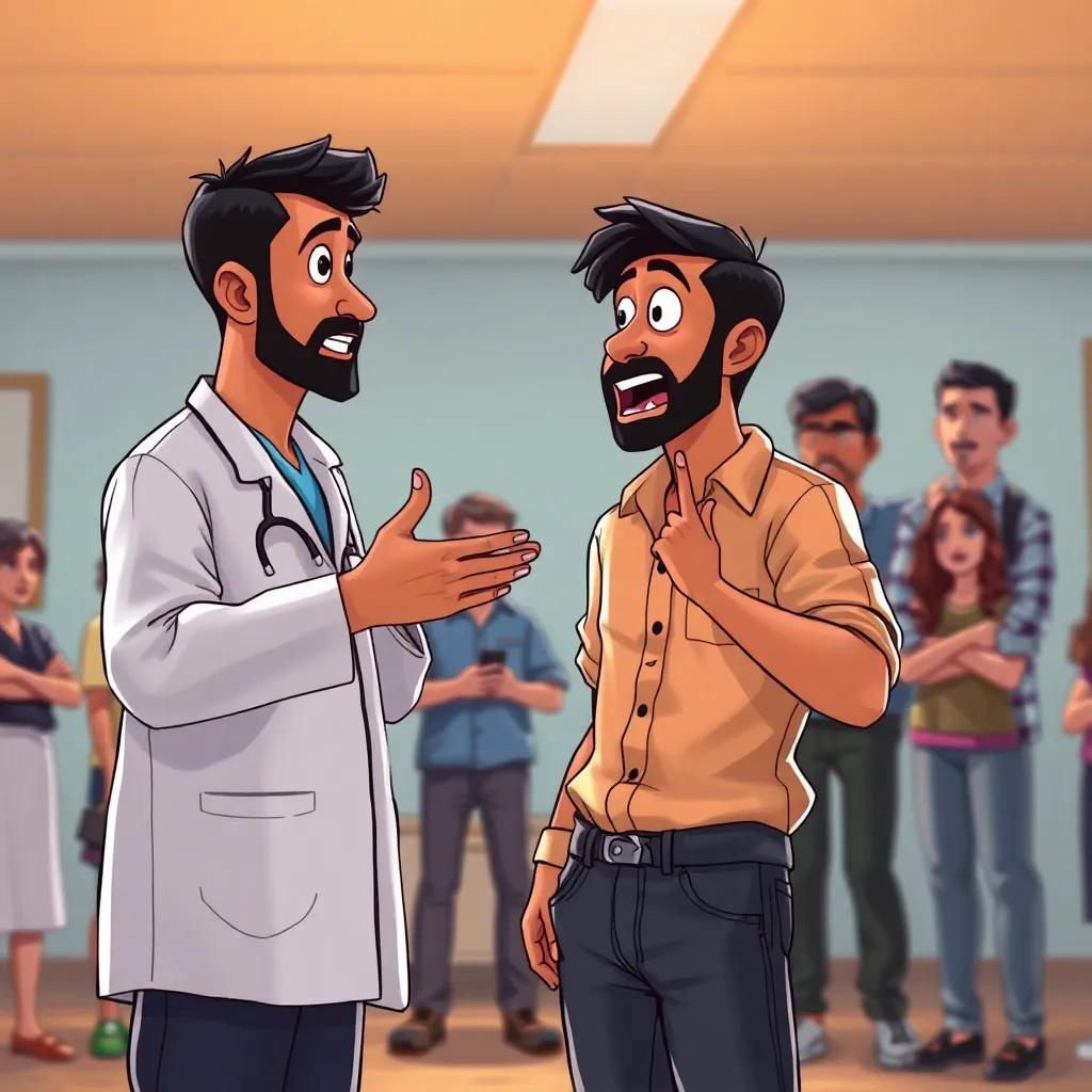 Hamed Ratl passionately speaking to the doctor, with determination in his eyes, people standing around listening, Hamed wearing a simple shirt and jeans, excited expressions, lively setting, rich details, engaging perspective, stylized illustration