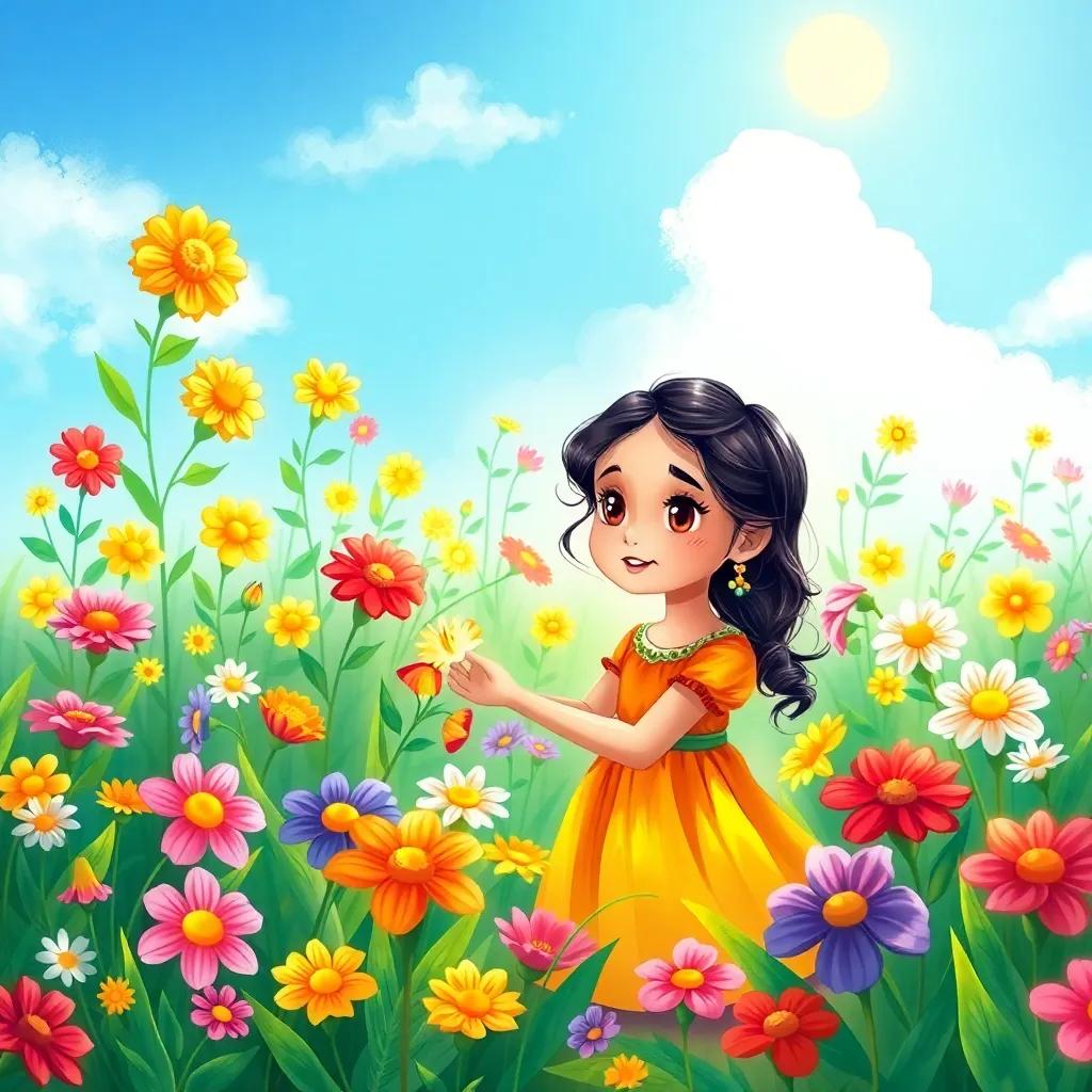 A colorful flower garden with bright flowers all around, young Arab girl, Layla, searching for the prettiest flower, wearing a bright dress, excitement in her eyes, sunny day, illustration, whimsical, cheerful scene, high quality