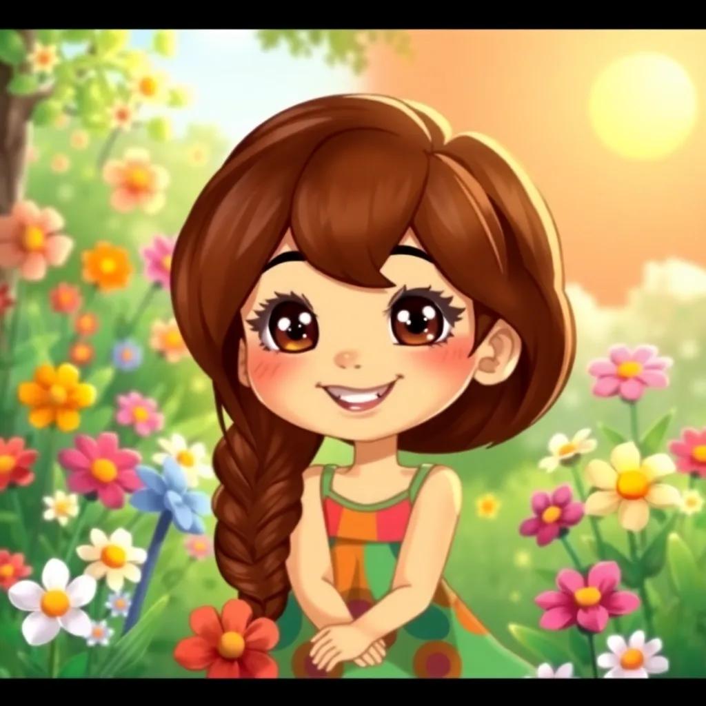 A cheerful girl, Leila, with brown hair and shiny eyes, sitting in a garden with colorful flowers, wearing a colored dress, bright sun shining, vibrant atmosphere, digital art, warm colors, inviting scene, high quality