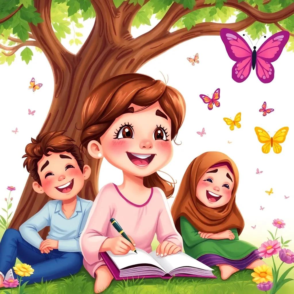 Leila, a cheerful girl, with brown hair and shiny eyes, surrounded by her friends, Sami and Amal, under a big tree, laughing and writing, colorful butterflies flying nearby, illustration, joyful, child-friendly, high quality