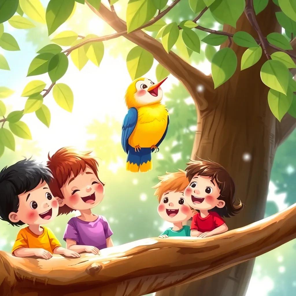 A small singing bird perched on a tree branch, with bright colors and cheerful expression, while three happy children listen carefully, sunlight filtering through leaves, digital painting, dynamic scene, warm vibes, high quality