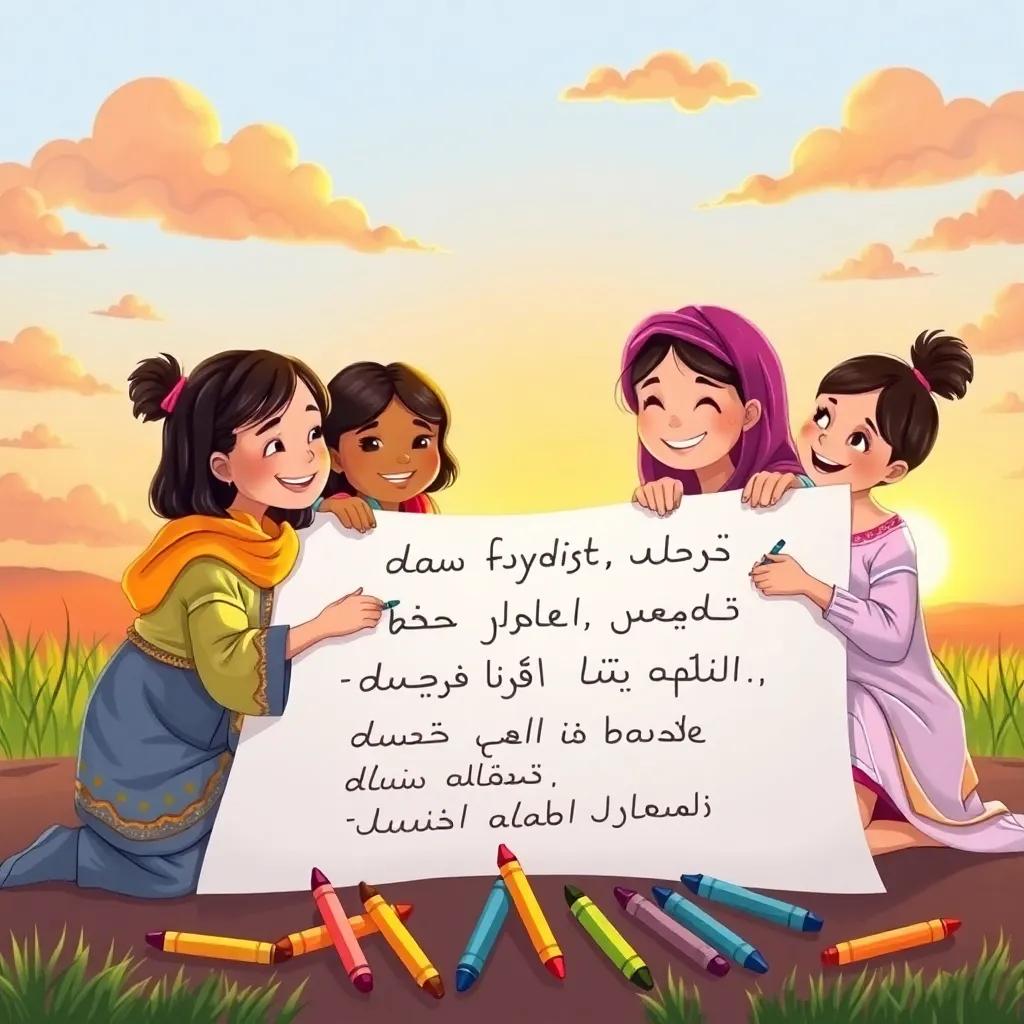 Leila and her friends gathering around a large colorful paper, writing their favorite Arabic words, with bright crayons and laughter, the sun setting in the background, illustration, creative vibe, child-friendly, high quality