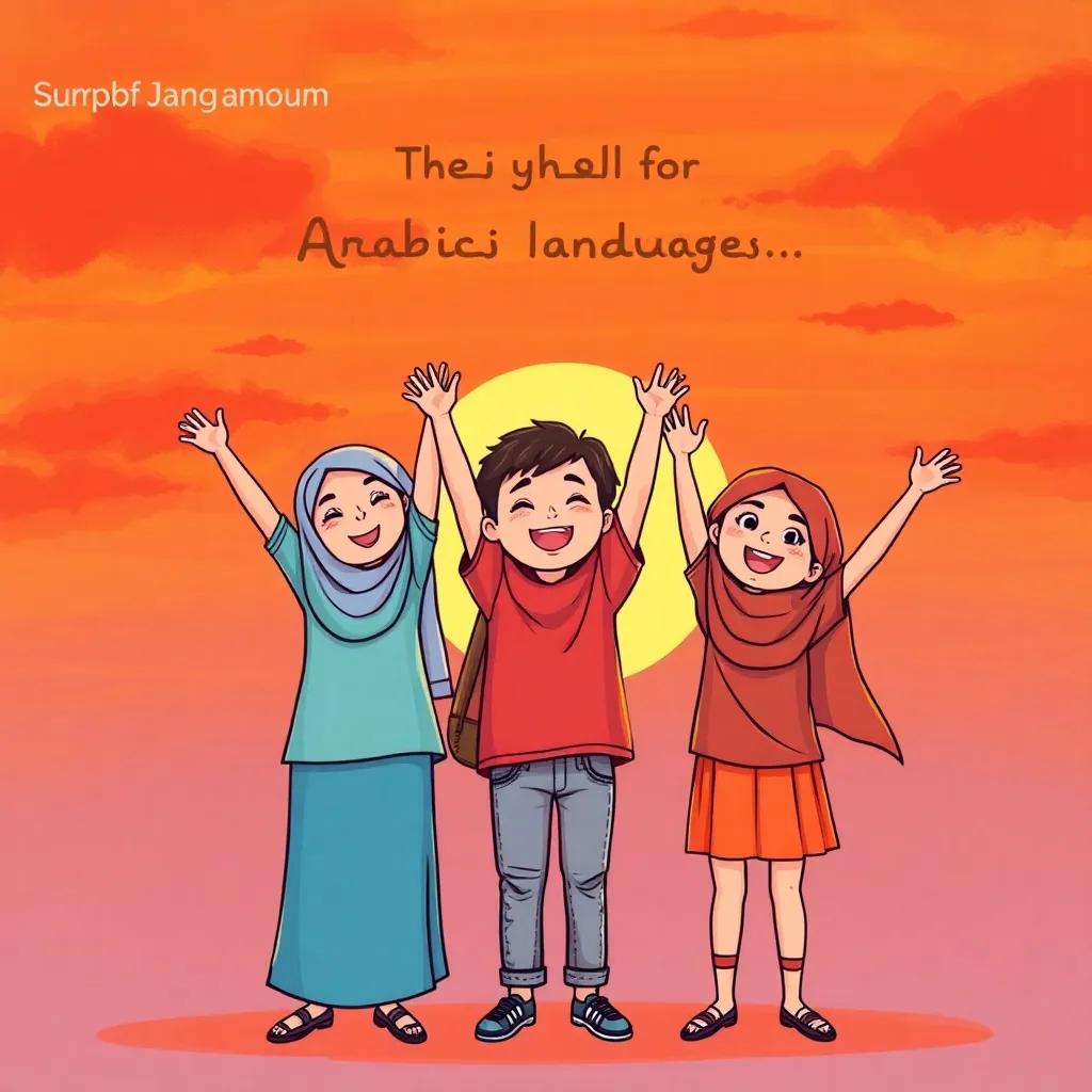 A sunset sky filled with shades of orange and red, with three happy children, Leila, Sami and Amal, standing together with arms raised, expressing joy for Arabic language, warm lighting, uplifting scene, vibrant, high quality