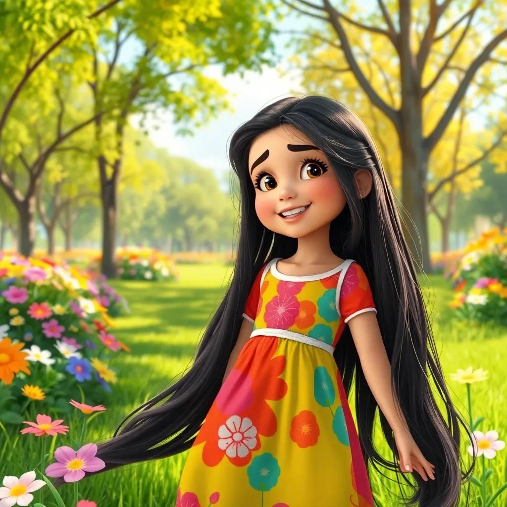 A young Arab girl, Leila, with long, dark hair, wearing a colorful dress, playing in a sunny park with bright flowers and green trees, cheerful, digital art, vibrant colors, inviting atmosphere, high quality