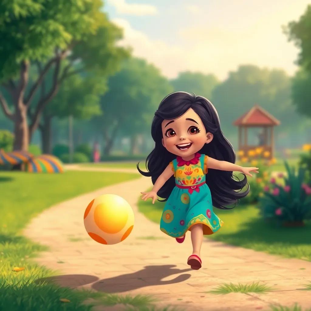 A young Arab girl, Leila, with long, dark hair, wearing a colorful dress, running after a bright ball in a sunny park, with laughter and joy, illustration, playful scene, colorful atmosphere, high detail